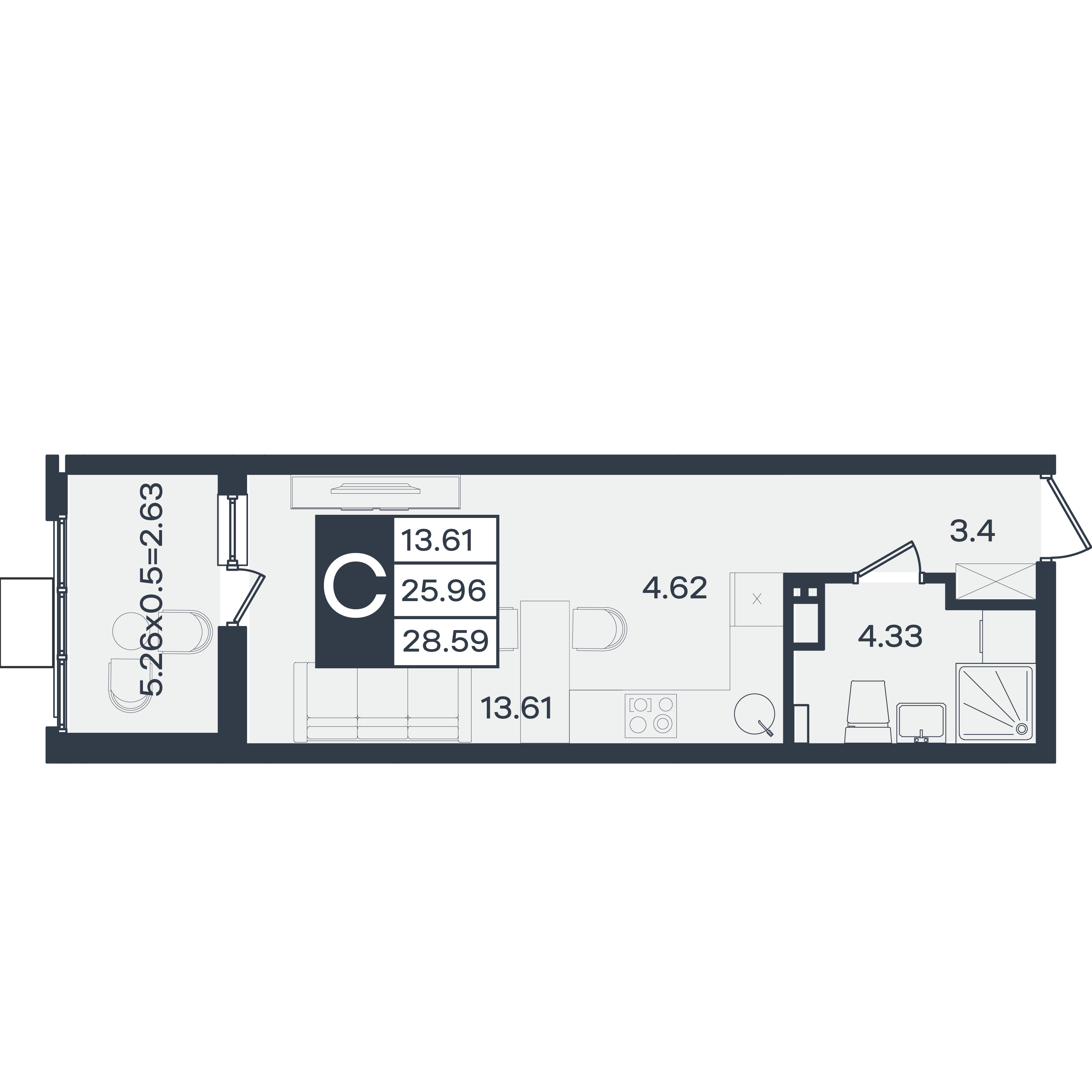 Планировка: Студия 28,6 м²
