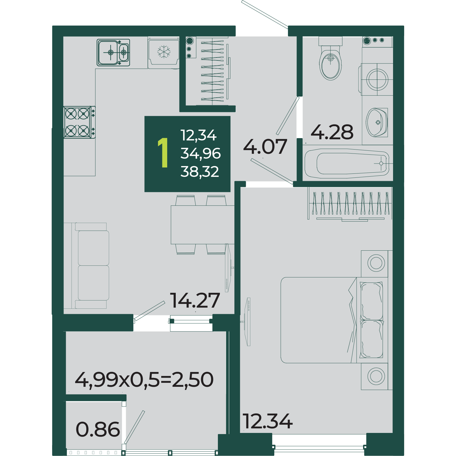 Планировка: 1-комн. квартира 38,3 м²