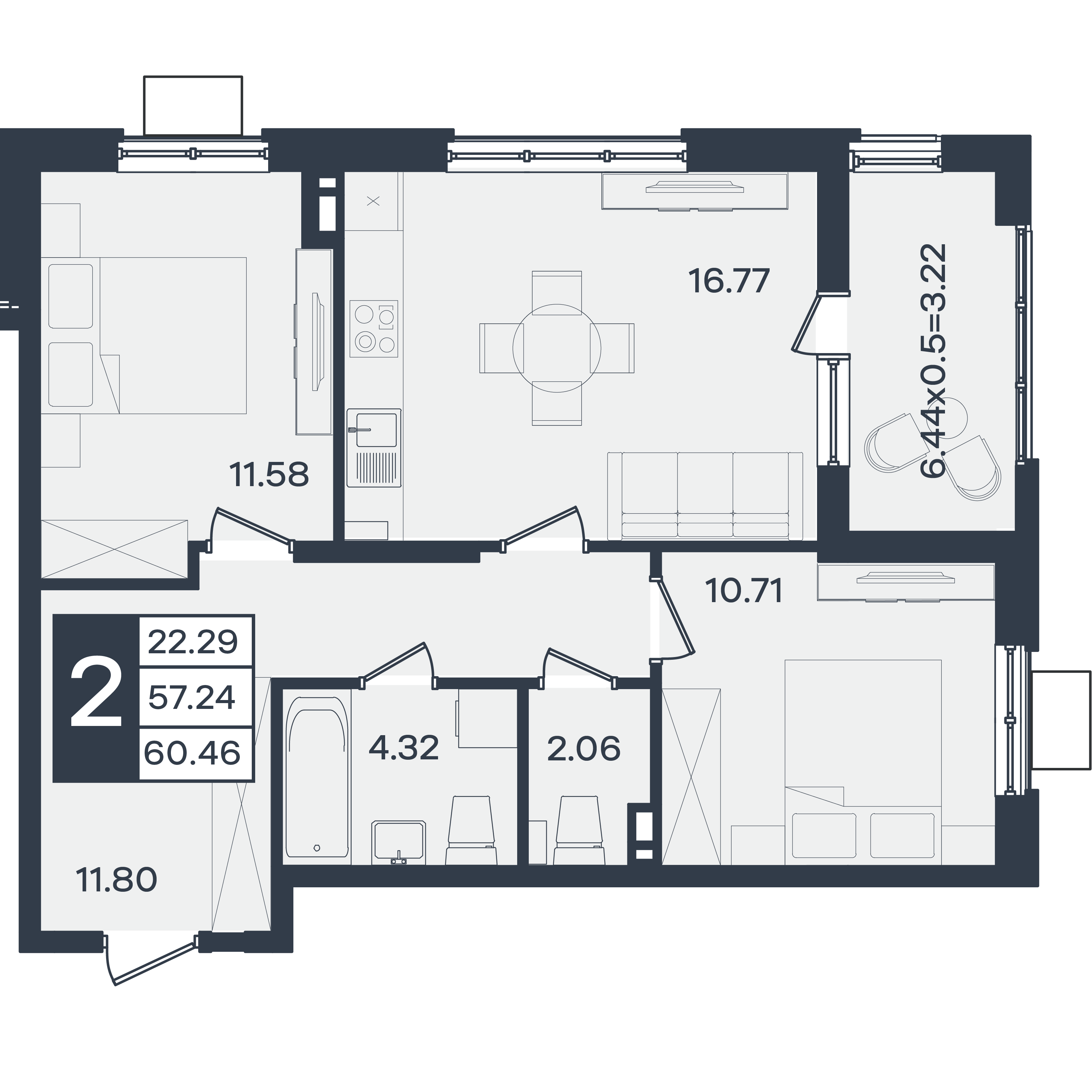 Планировка: 2-комн. квартира 60,5 м²