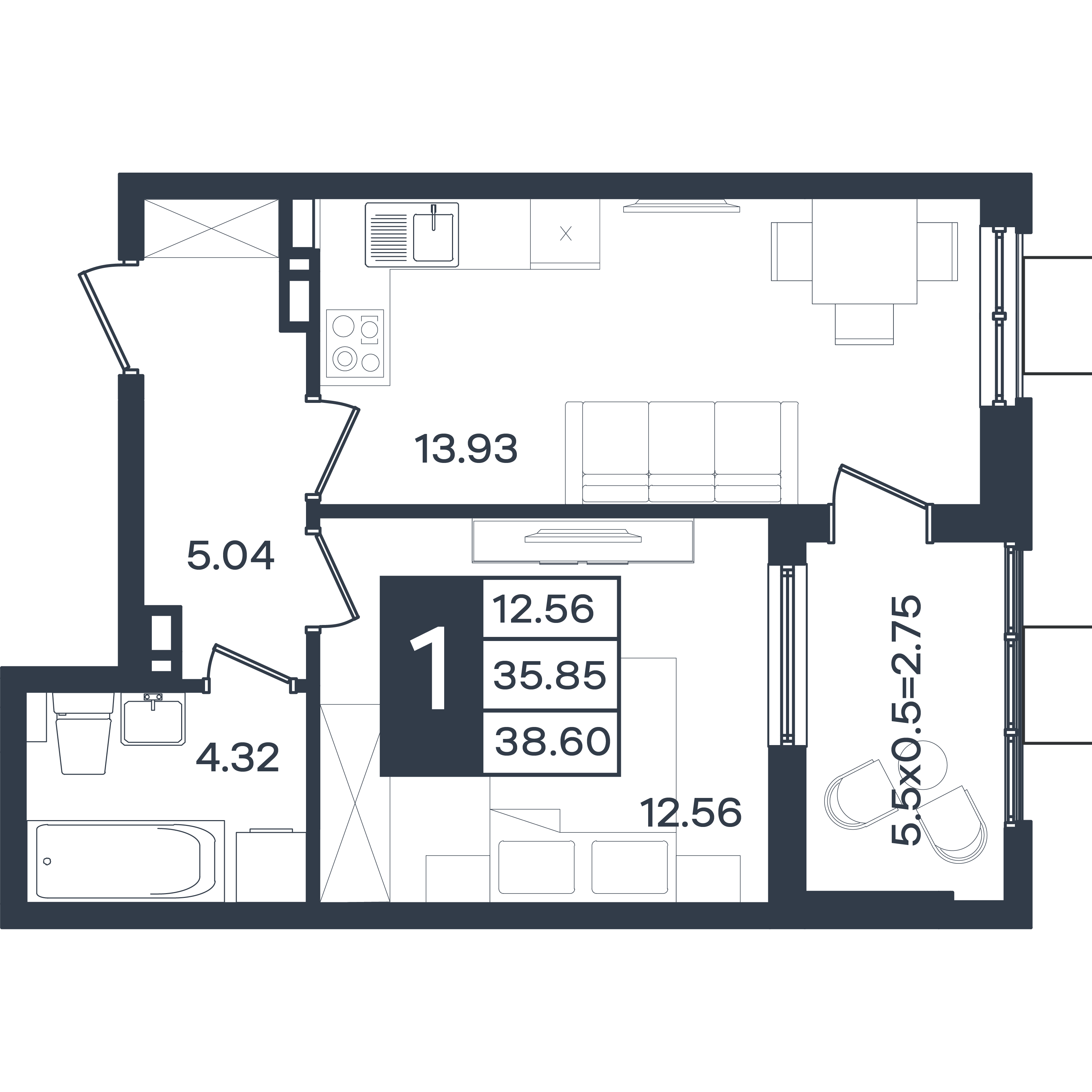 Планировка: 1-комн. квартира 38,6 м²
