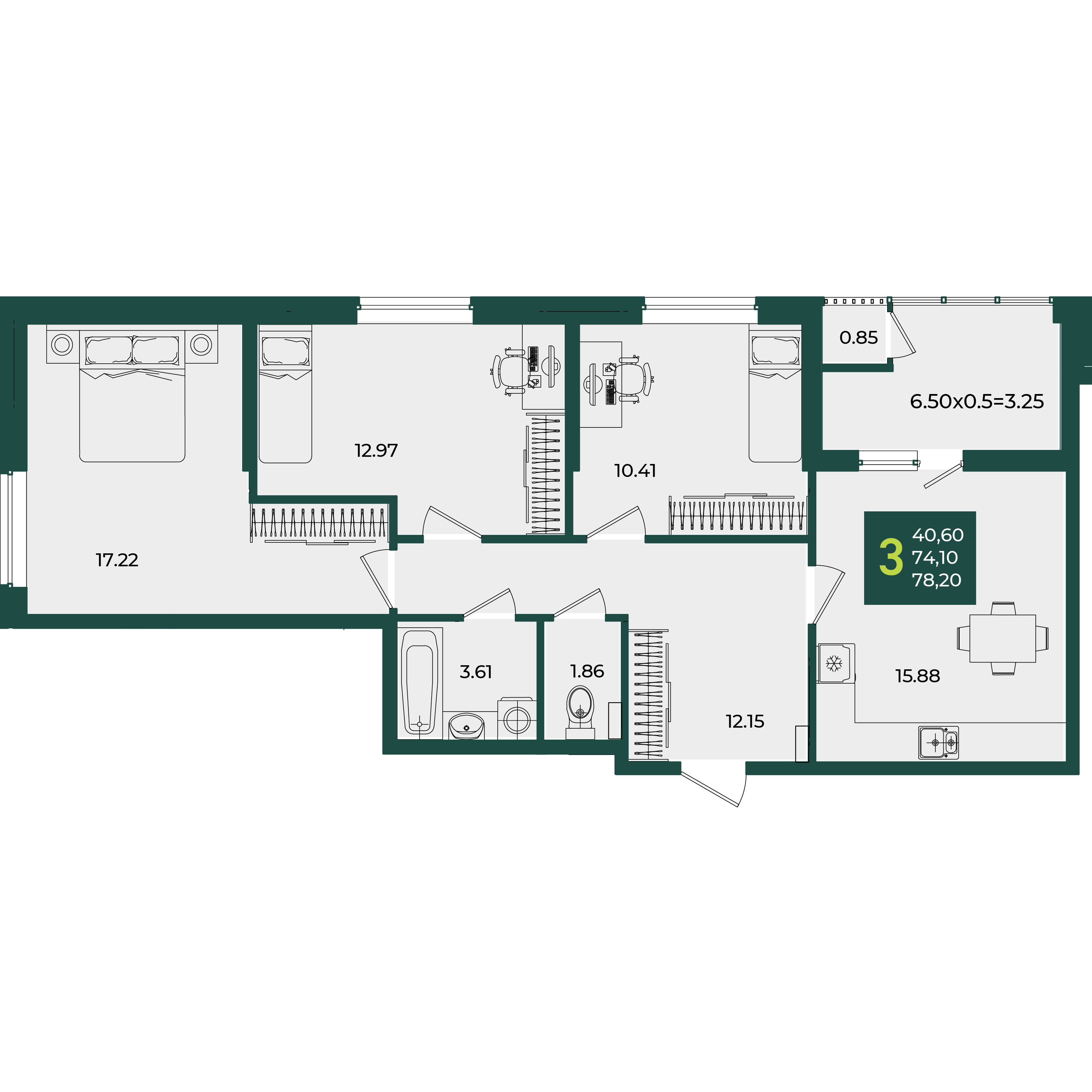 Планировка 3-комнатная 78,2 м²