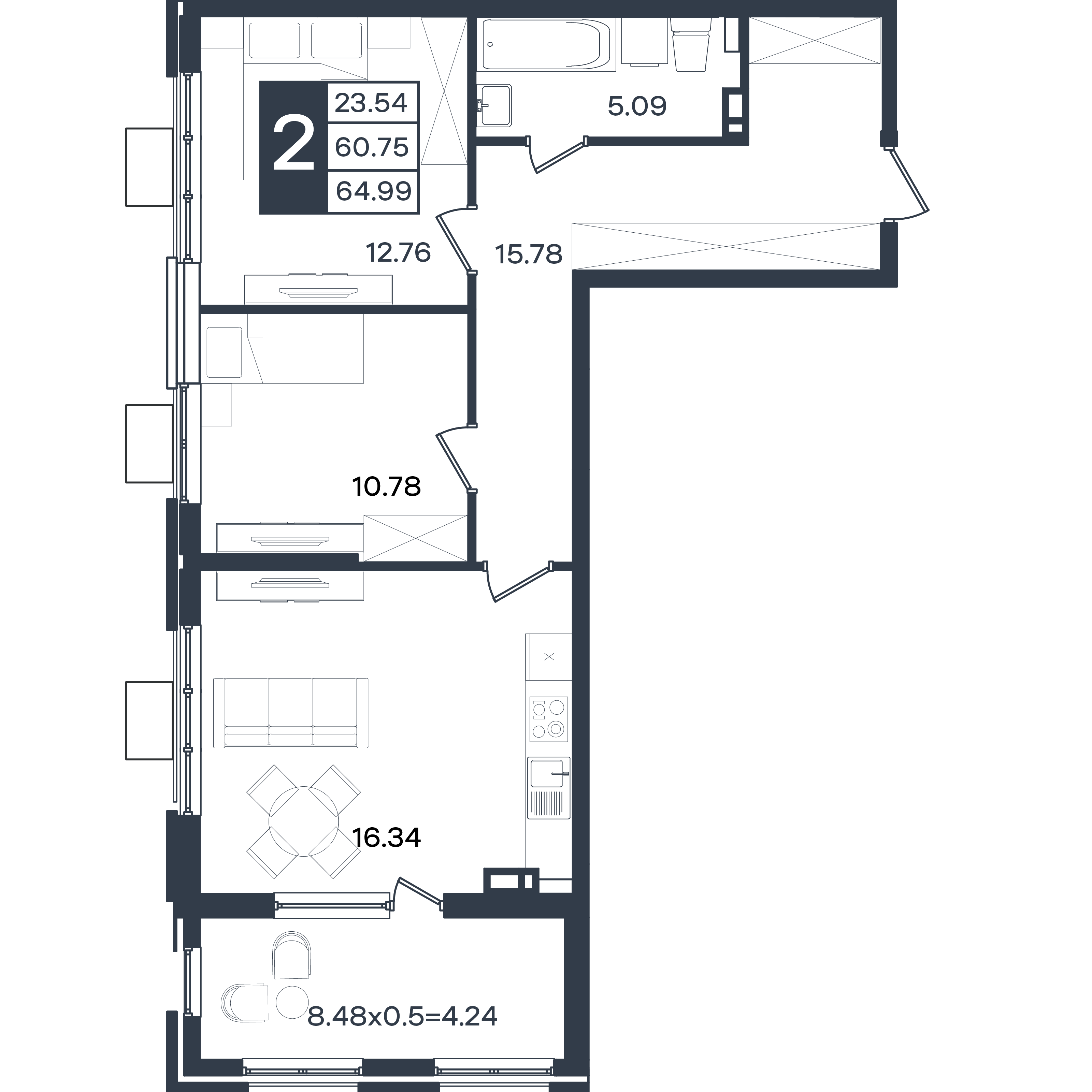 Планировка: 2-комн. квартира 65 м²