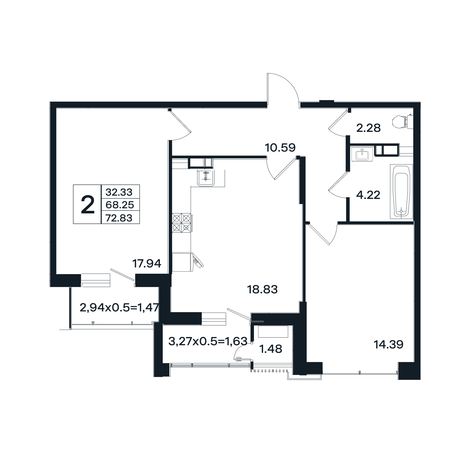 Планировка 2-комнатная 72,83 м²