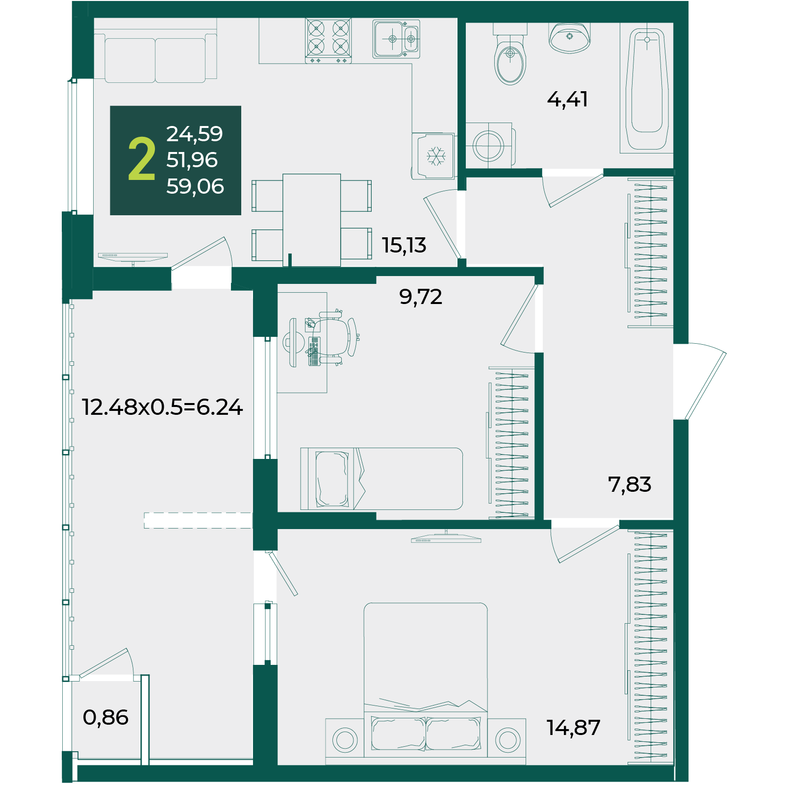 Планировка: 2-комн. квартира 59,1 м²