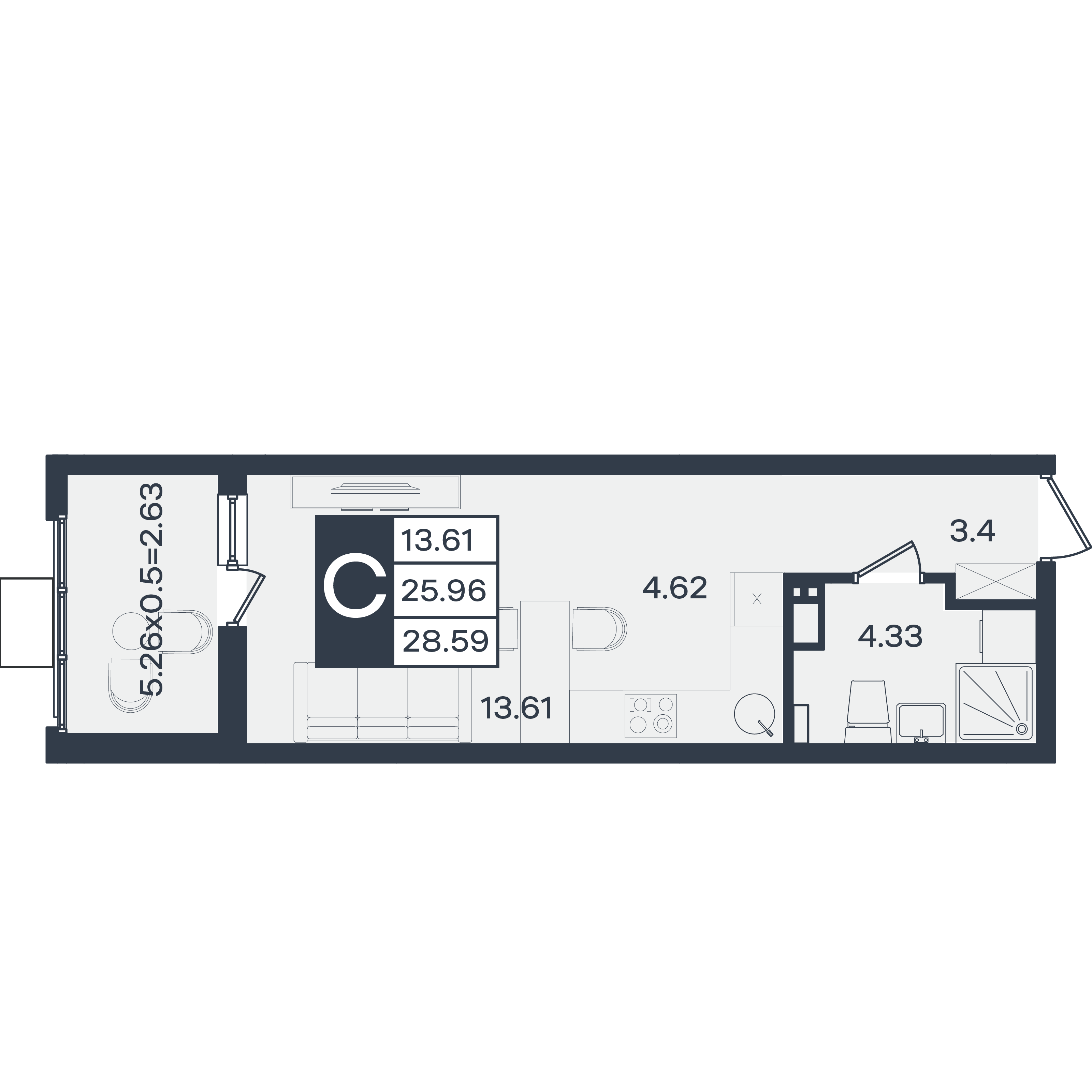Планировка: Студия 28,6 м²