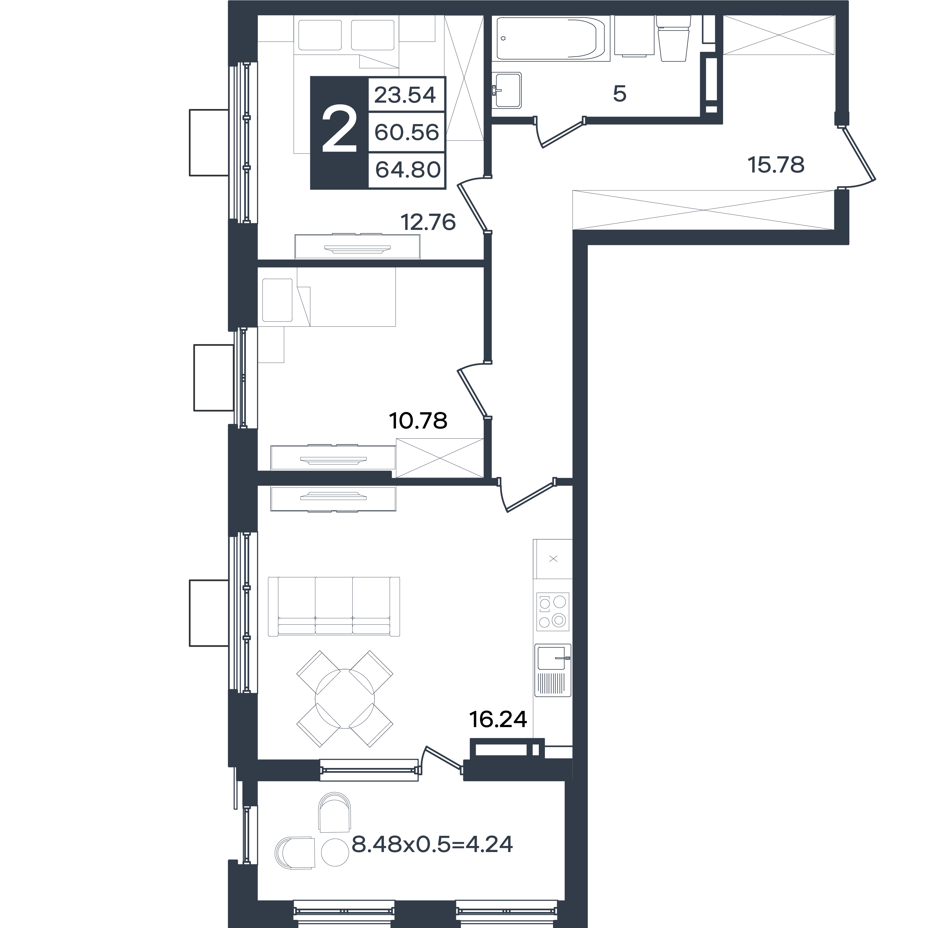 Планировка: 2-комн. квартира 64,8 м²