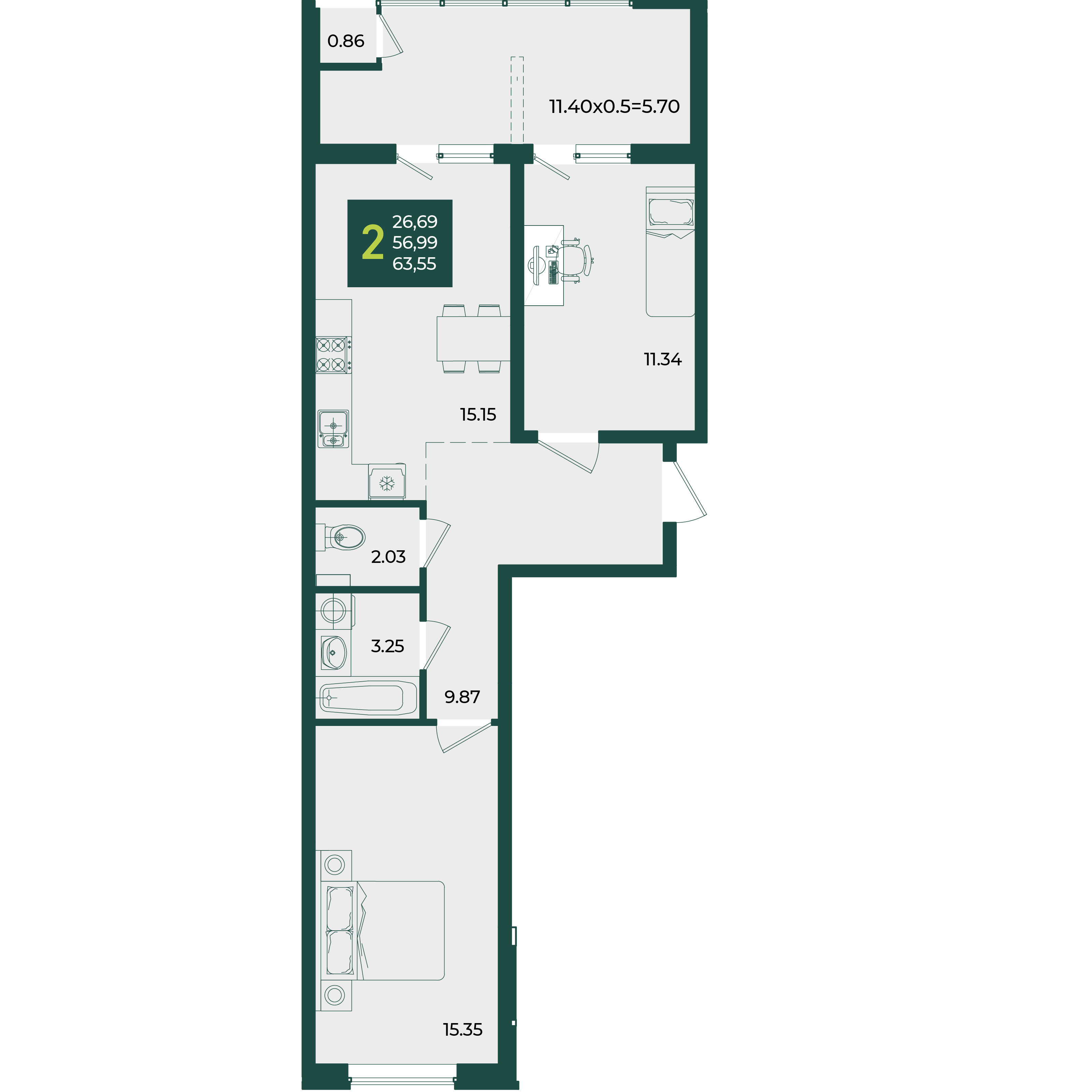 Планировка: 2-комн. квартира 63,6 м²