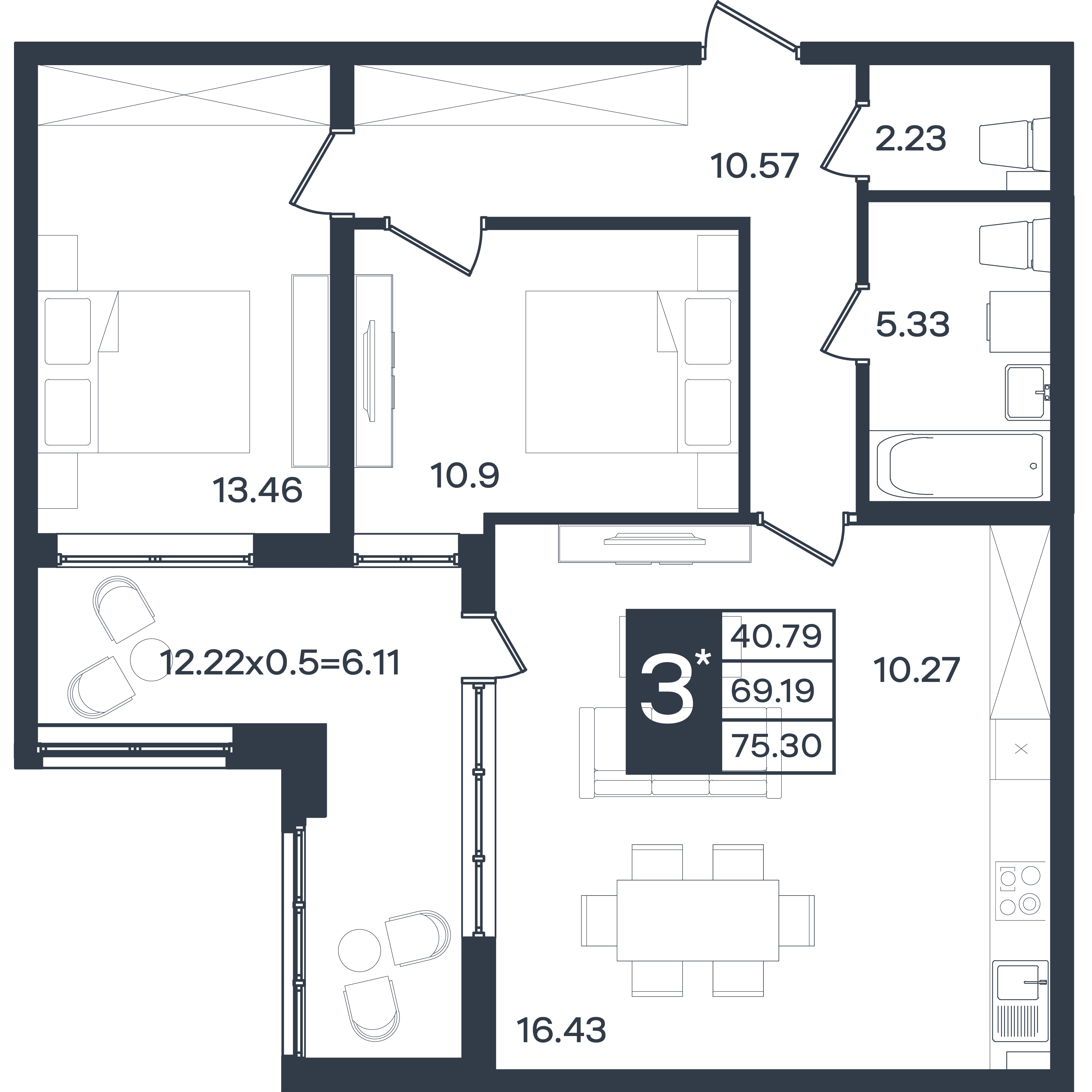 Планировка 3-комнатная 75,3 м²