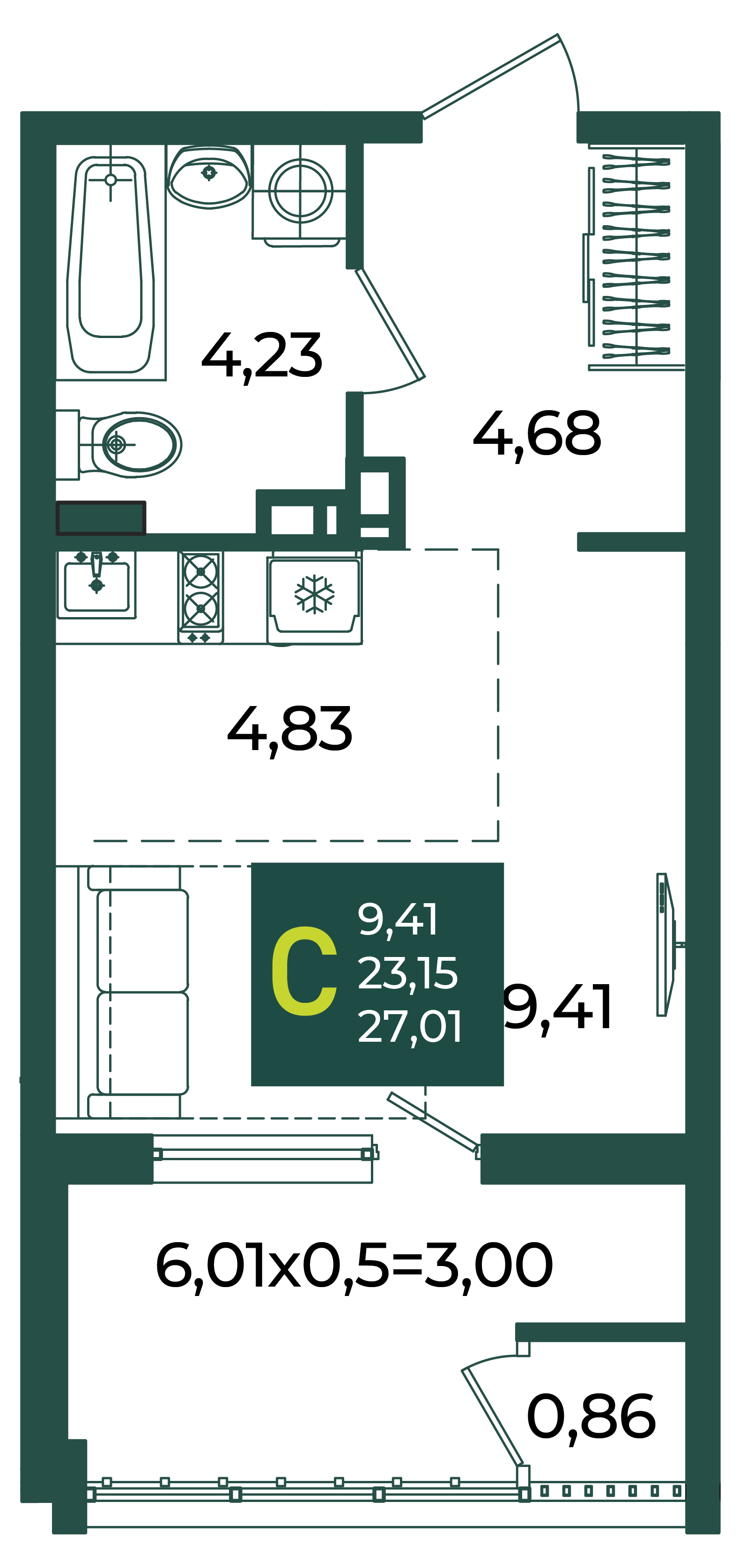 Планировка: Студия 27 м²