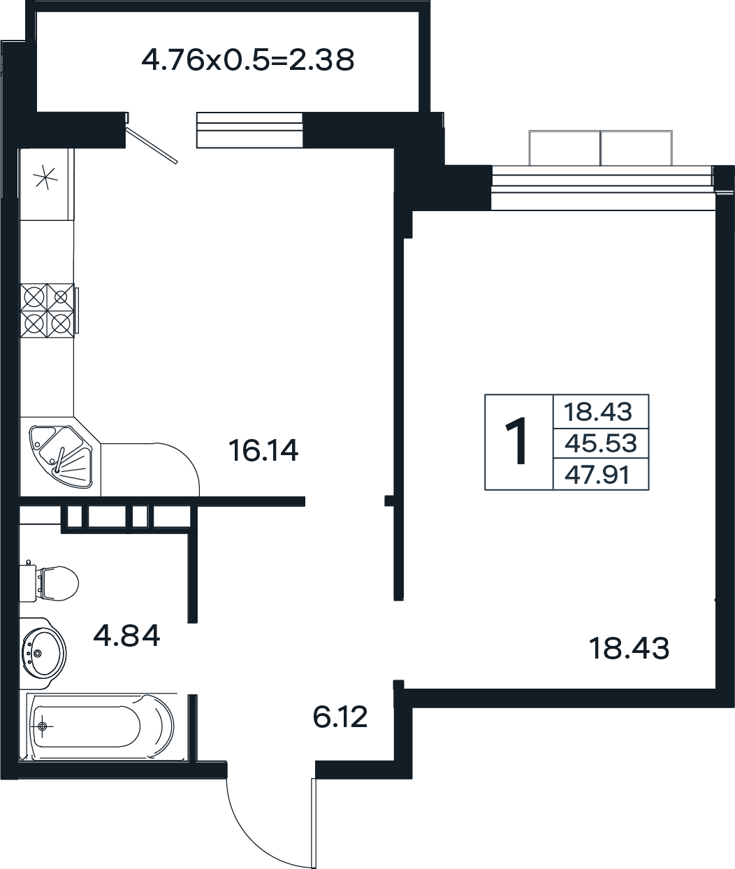 Планировка 1-комнатная 47,91 м²