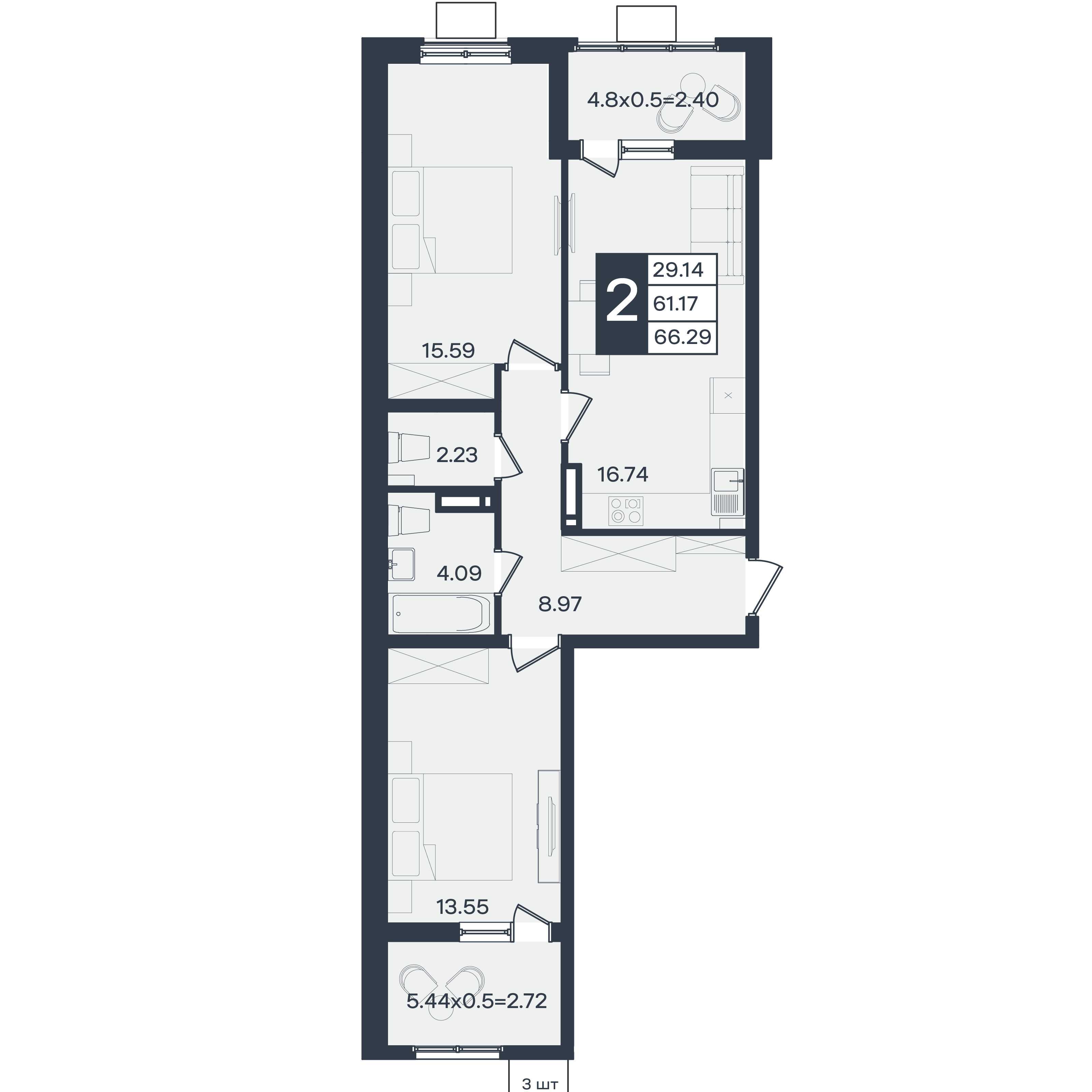 Планировка: 2-комн. квартира 66,3 м²