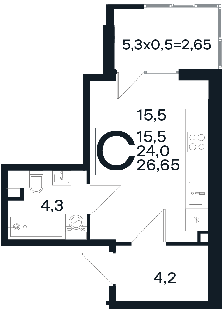 Планировка Студия 26,65 м²