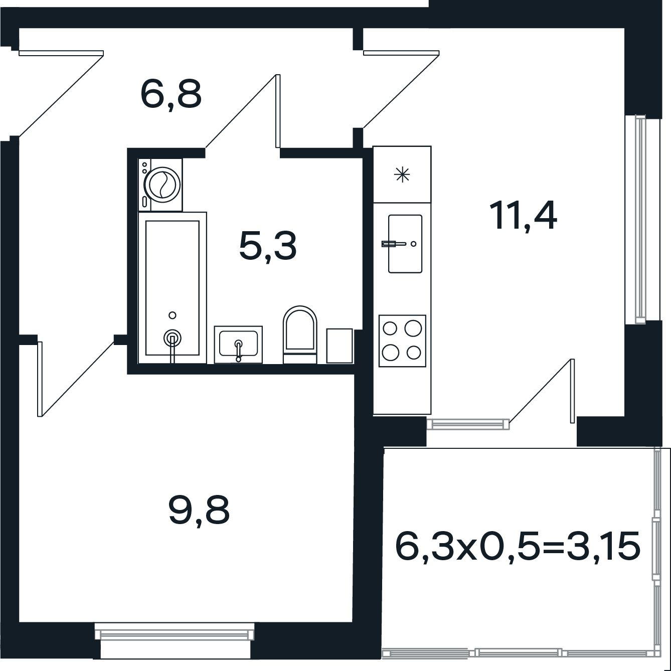 Планировка 1-комнатная 36,45 м²