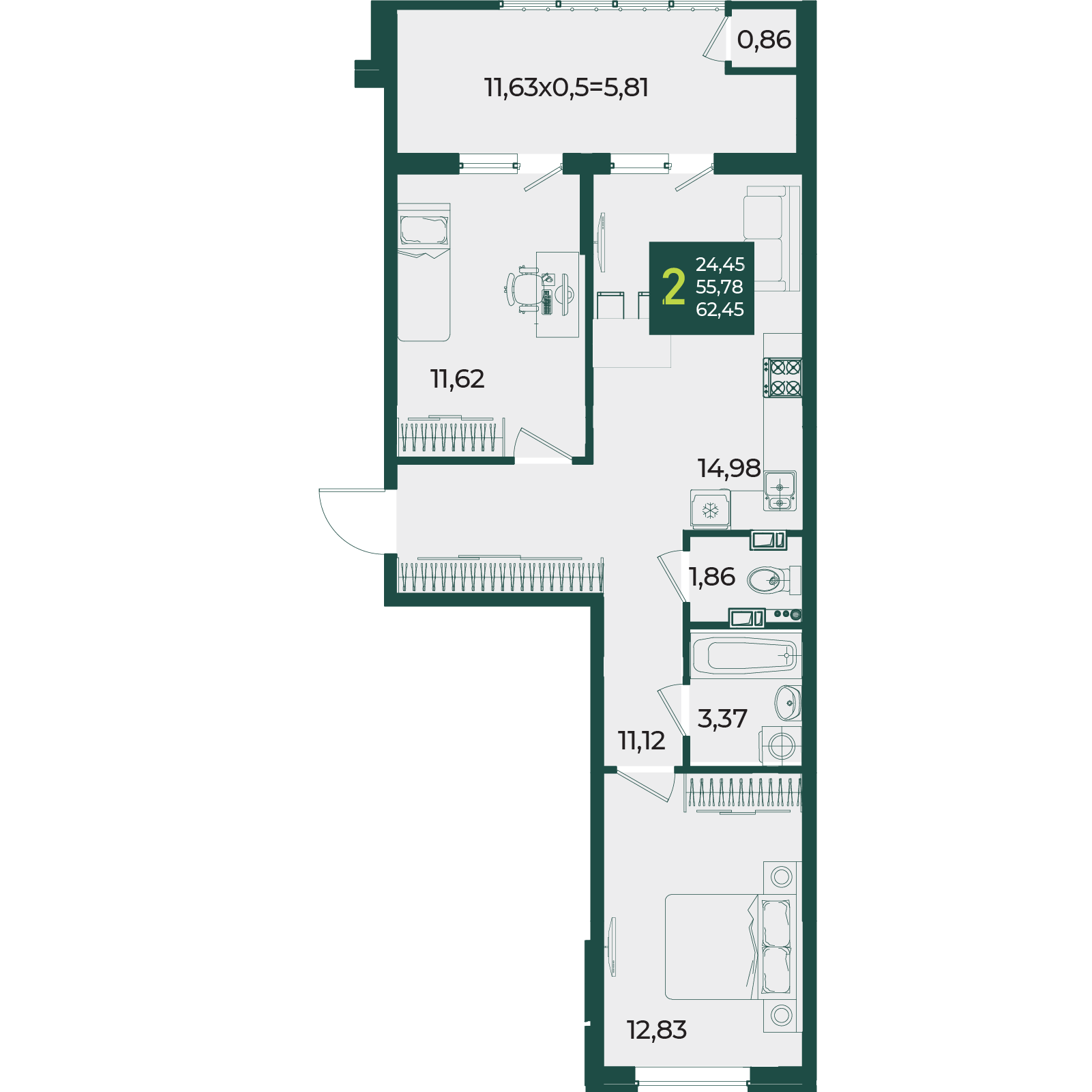 Планировка: 2-комн. квартира 62,5 м²