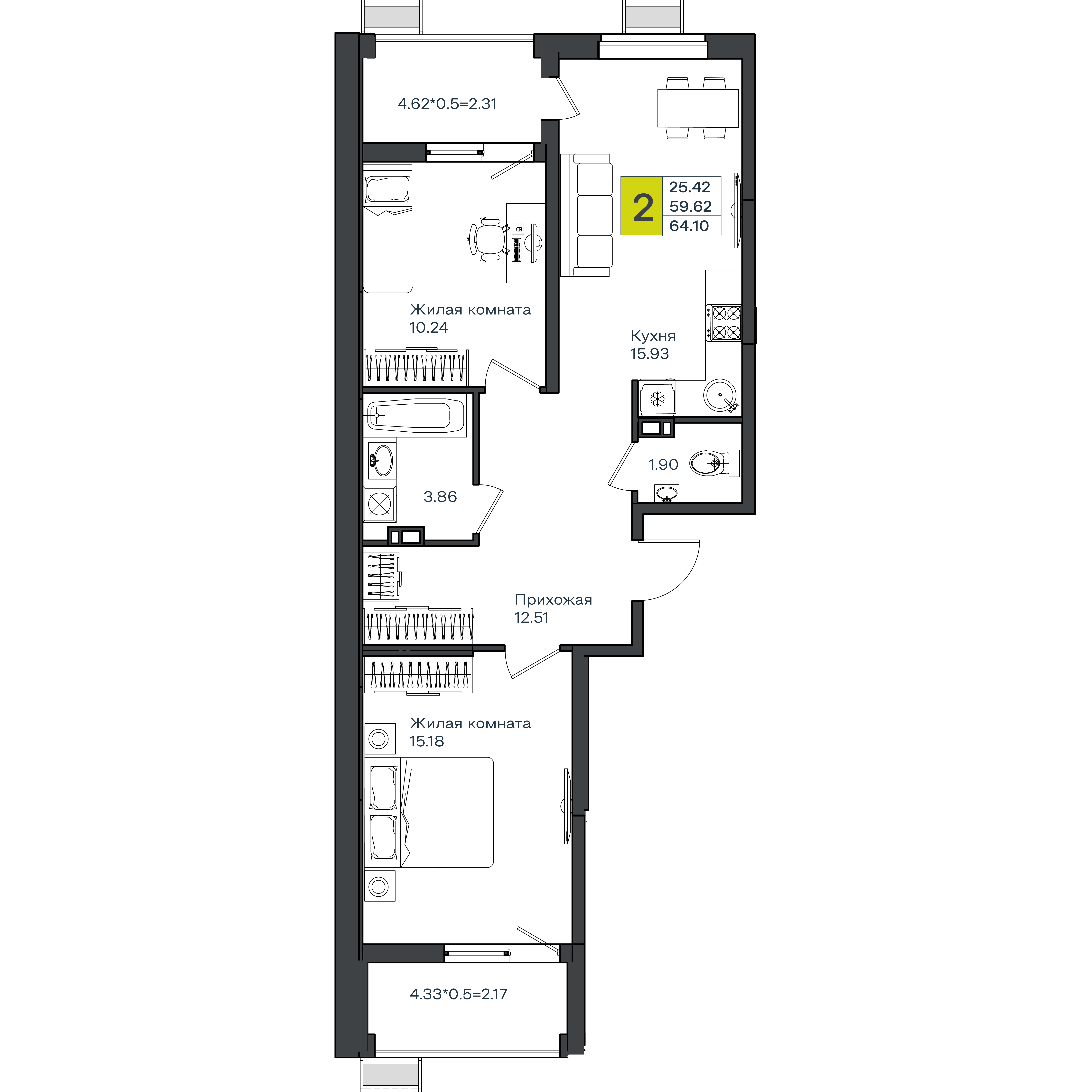 Планировка 2-комнатная 64,1 м²