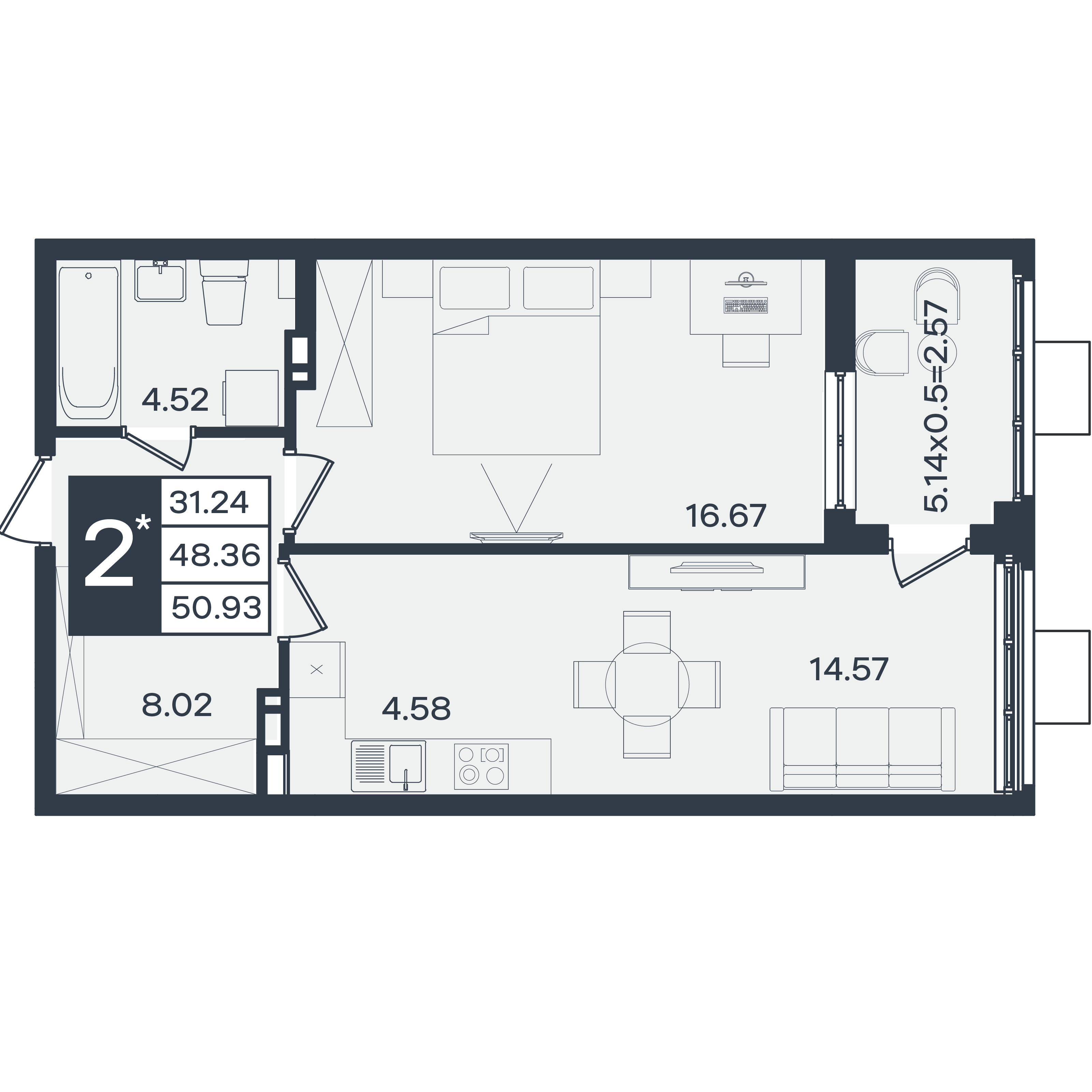 Планировка 2-комнатная 50,93 м²