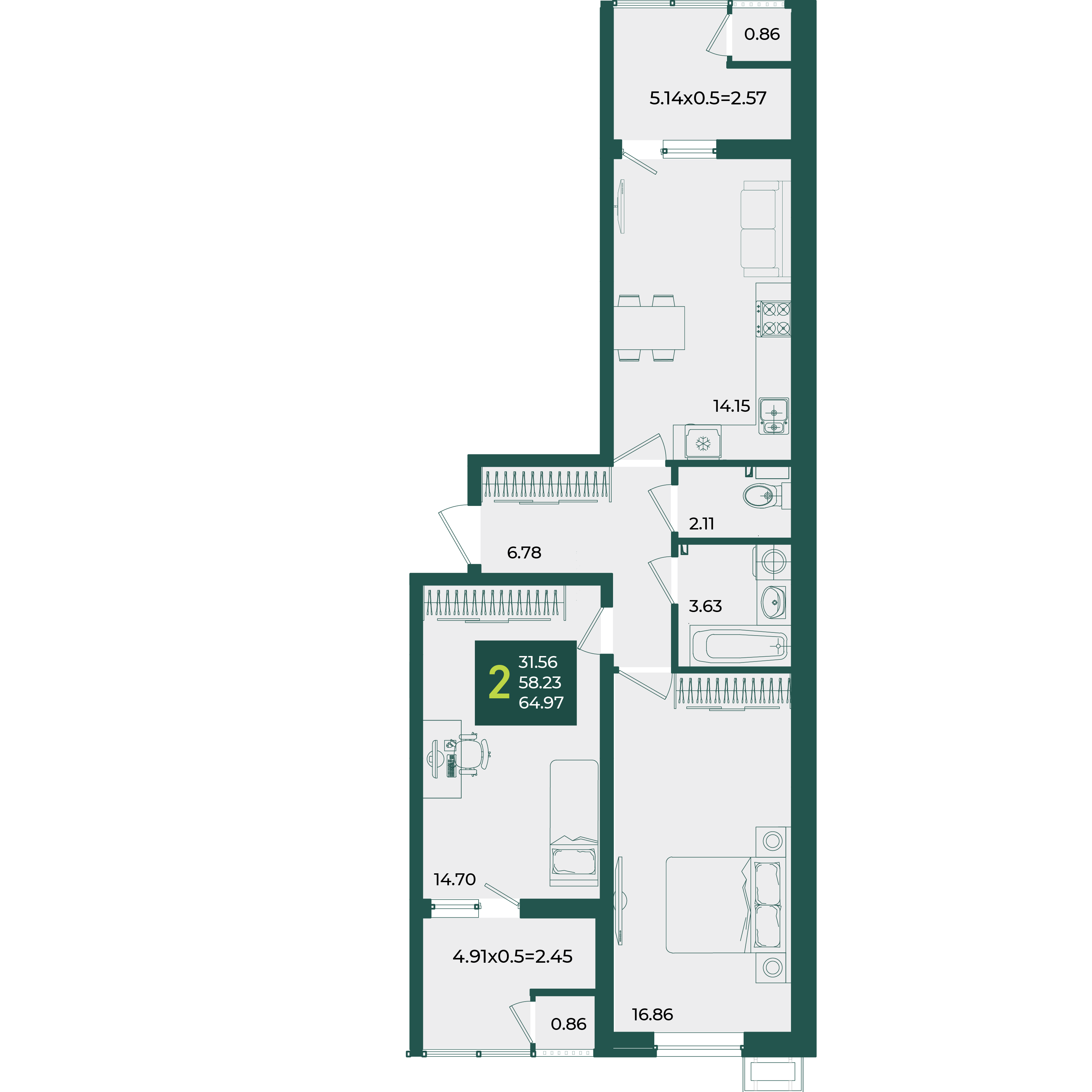 Планировка: 2-комн. квартира 65 м²