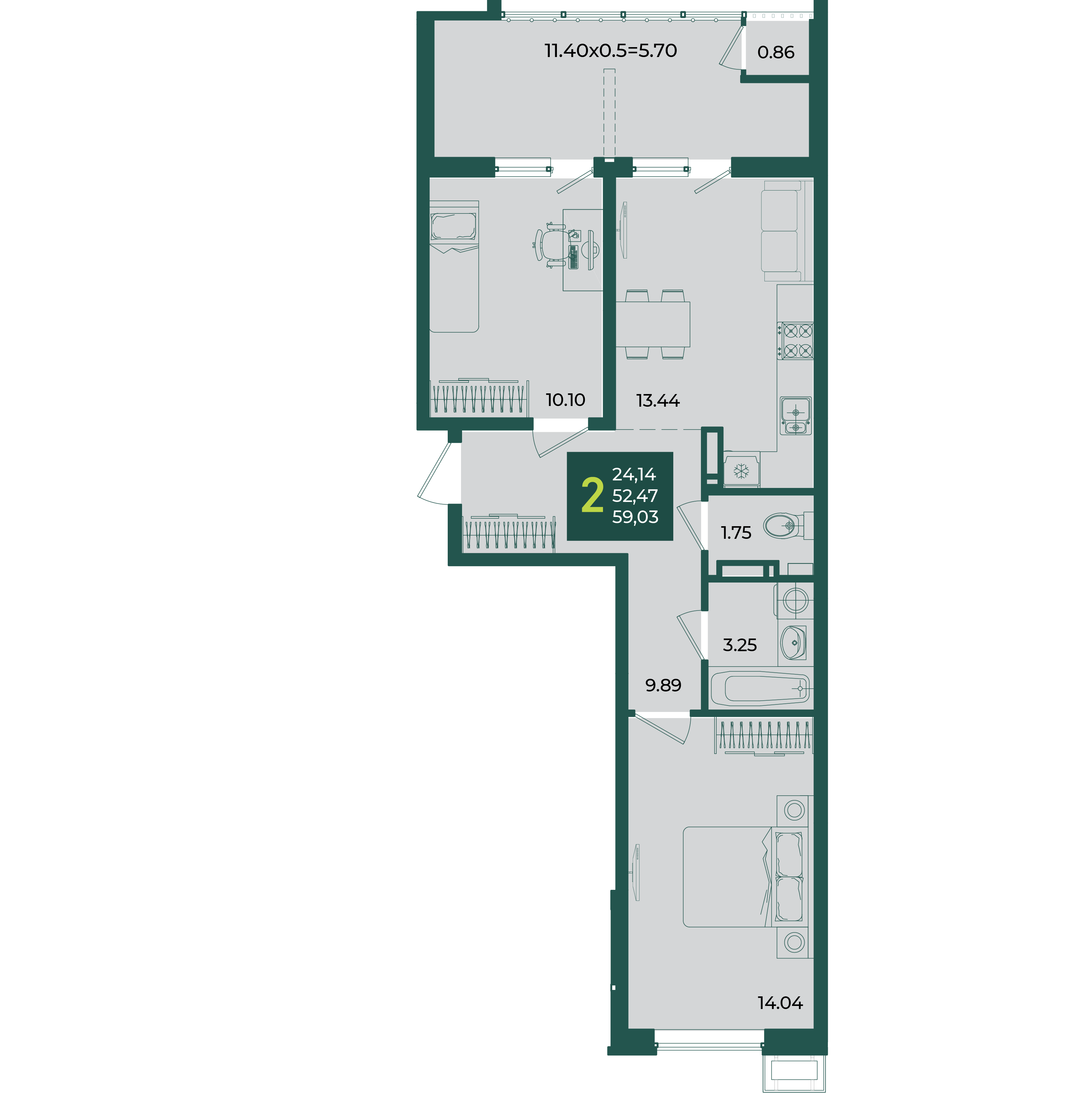 Планировка: 2-комн. квартира 59 м²