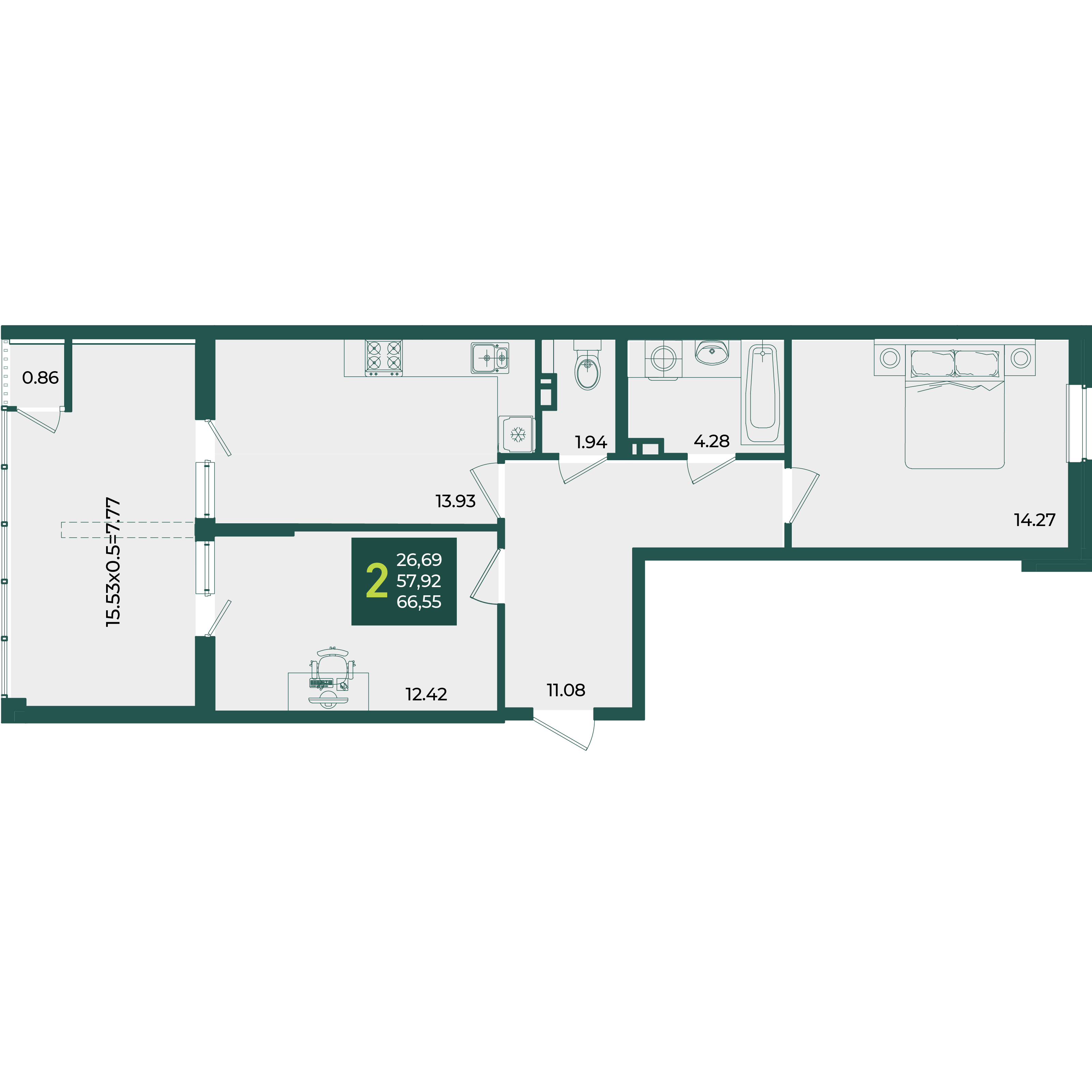 Планировка: 2-комн. квартира 66,6 м²
