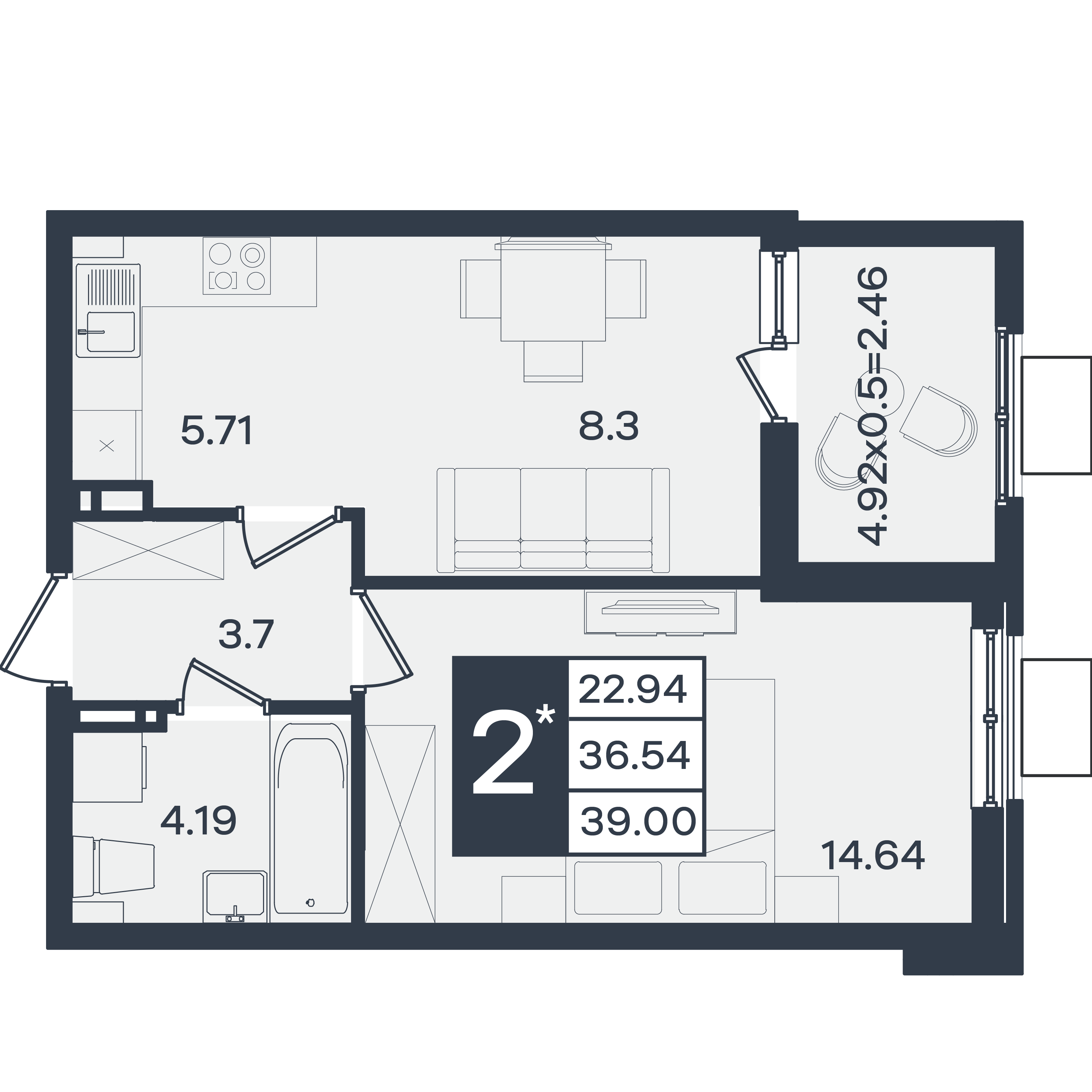 Планировка 2-комнатная 39 м²
