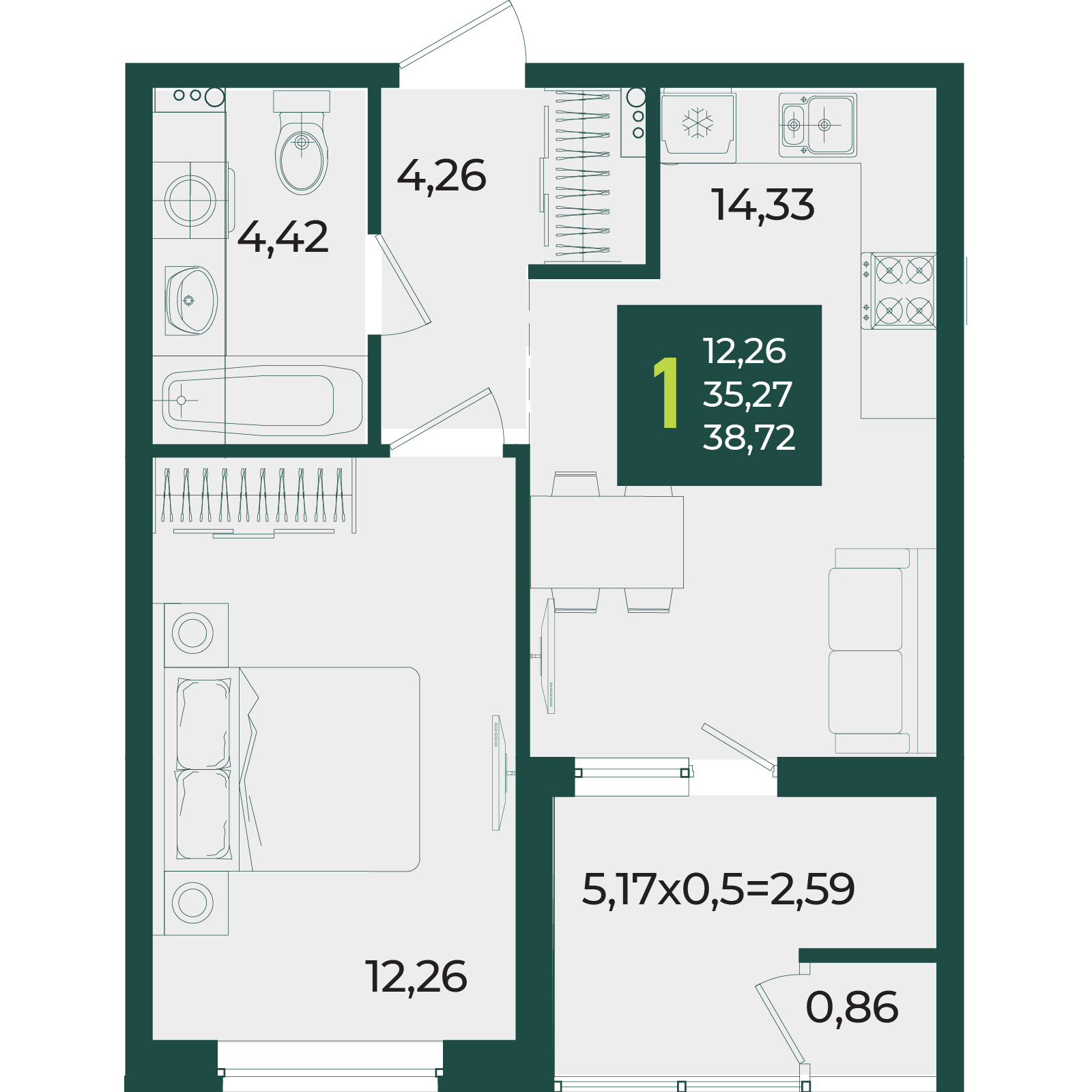 Планировка 1-комнатная 38,72 м²