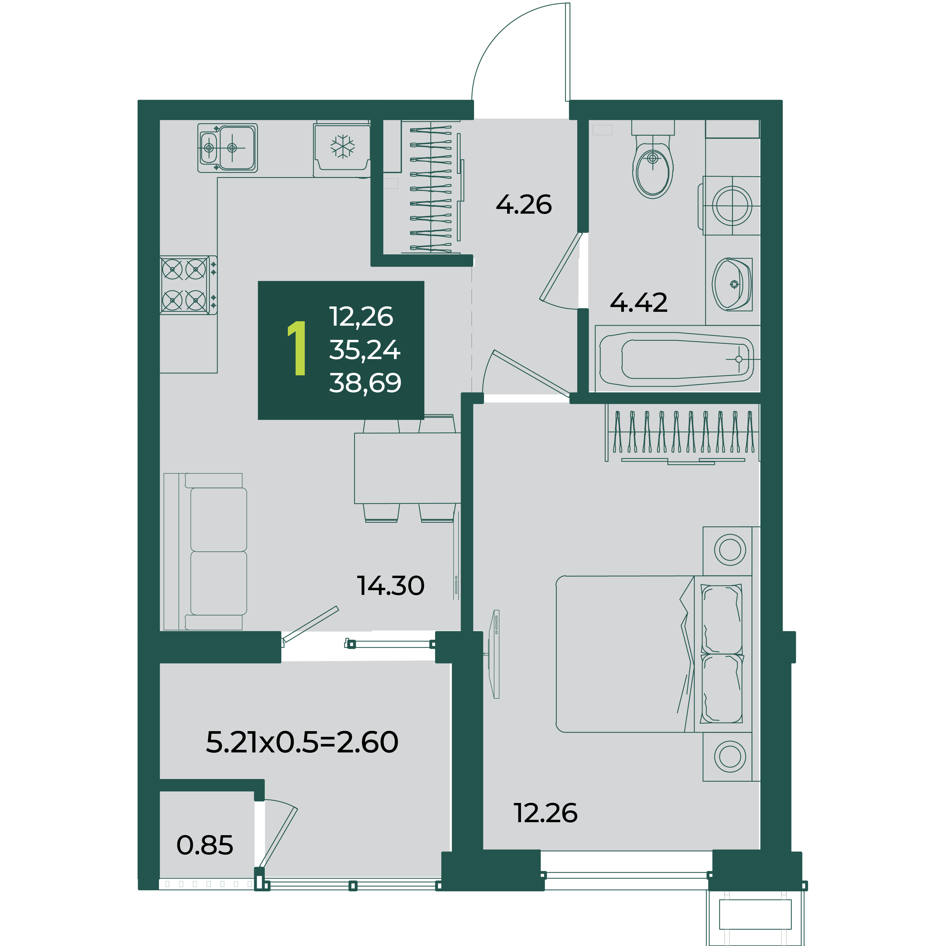Планировка: 1-комн. квартира 38,7 м²