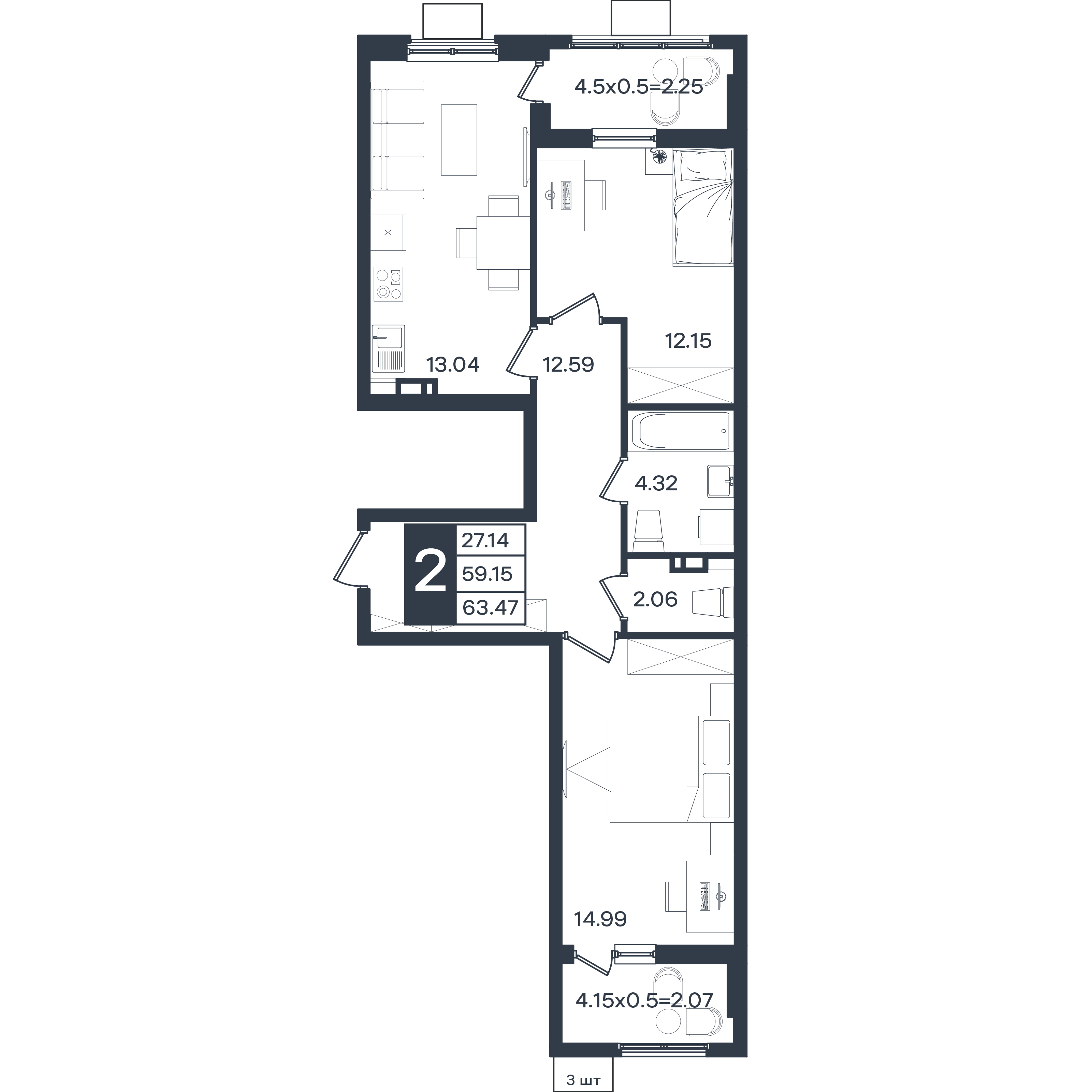 Планировка: 2-комн. квартира 63,5 м²