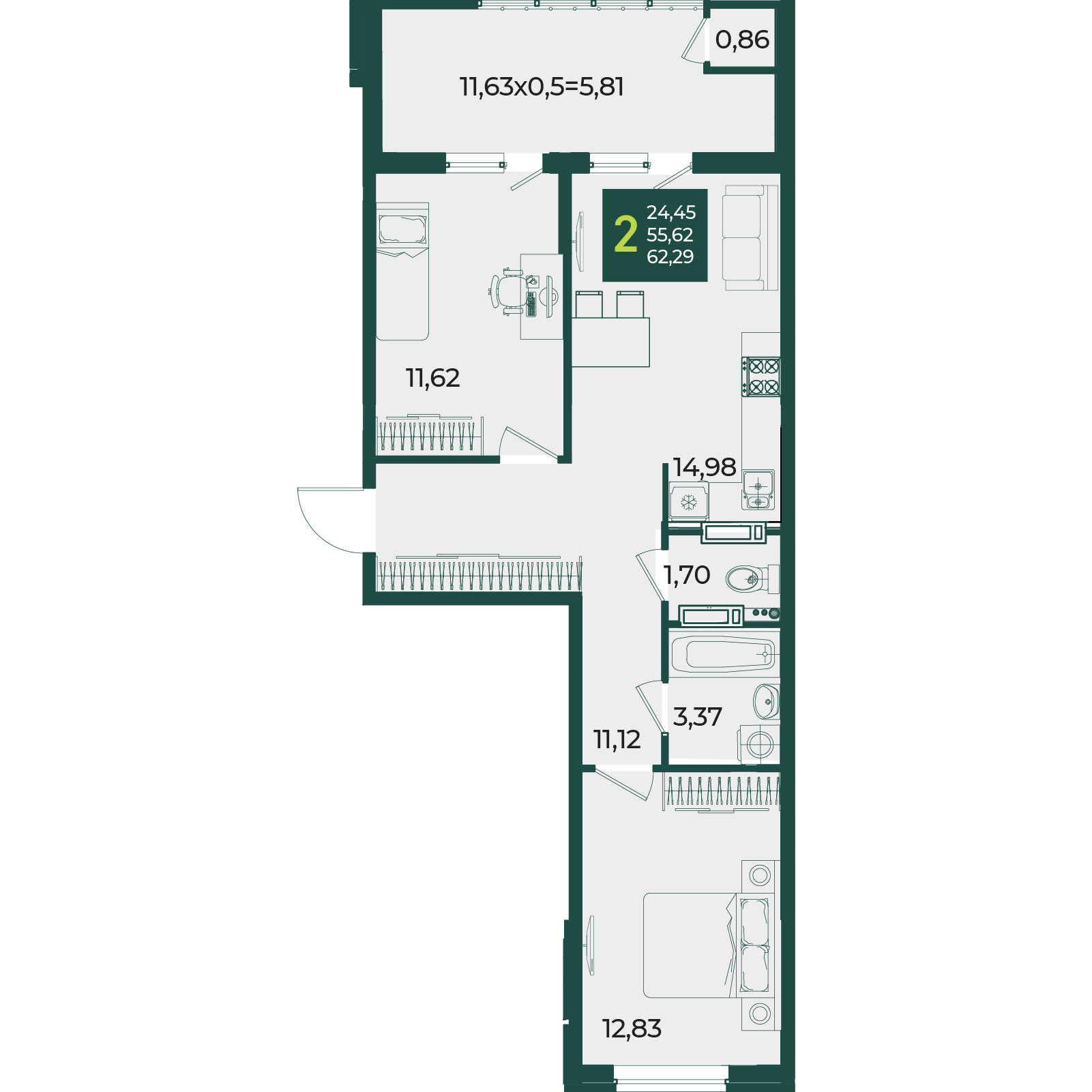 Планировка 2-комнатная 62,29 м²