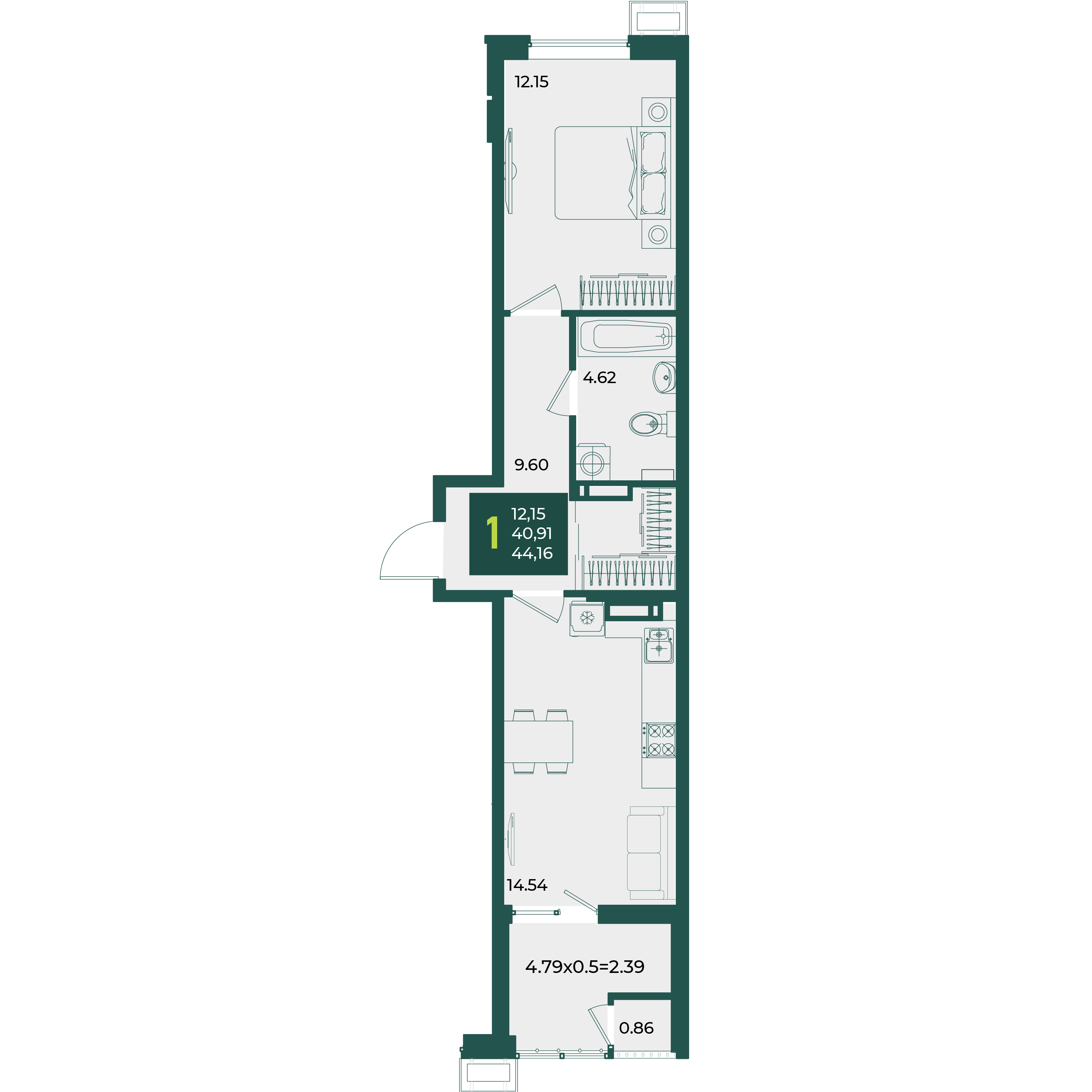 Планировка 1-комнатная 44,16 м²