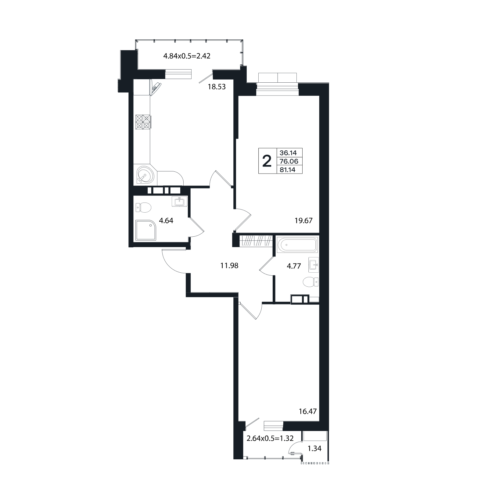 Планировка 2-комнатная 81,14 м²