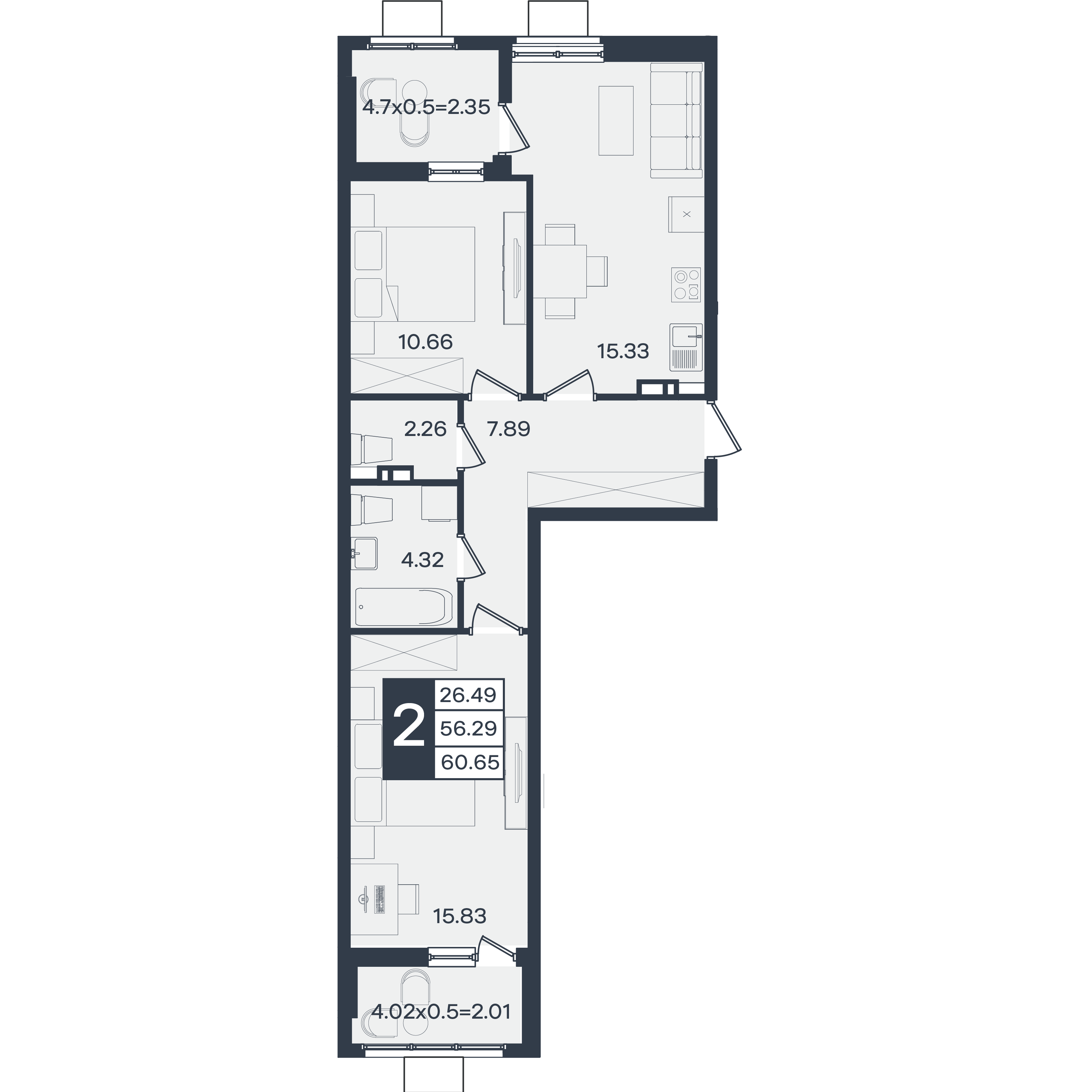 Планировка: 2-комн. квартира 60,7 м²