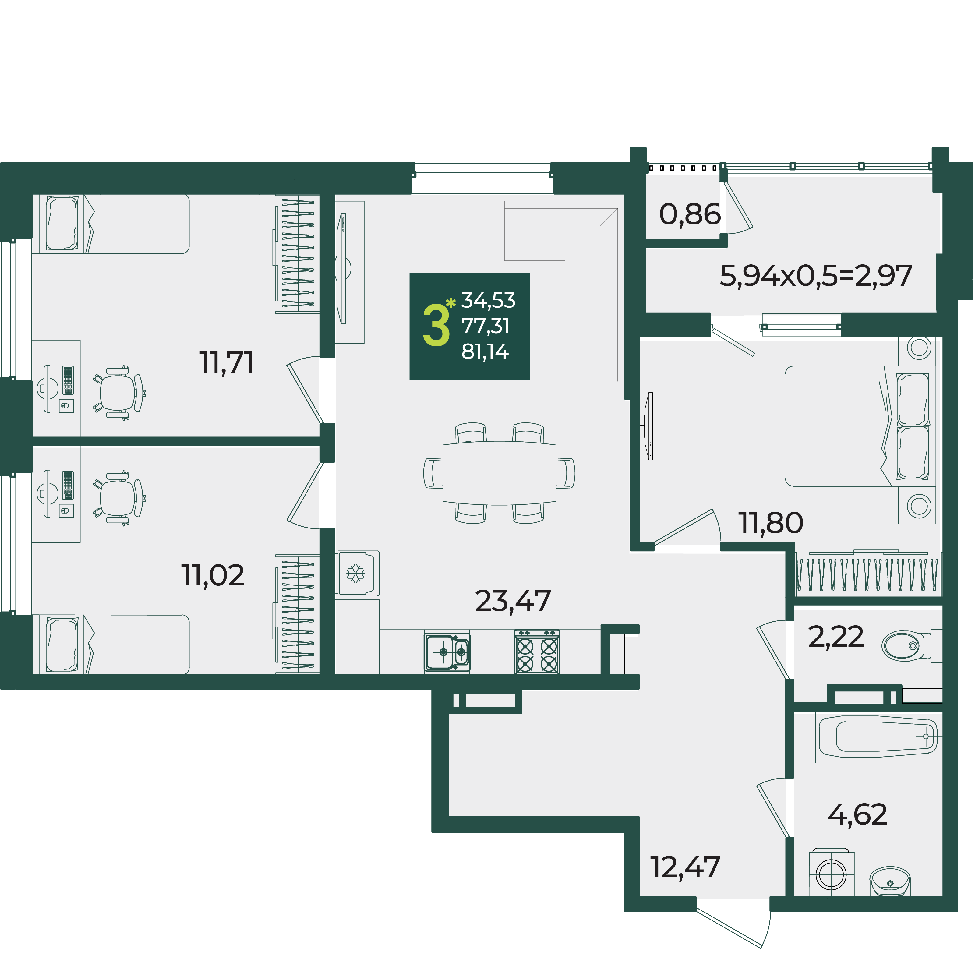 Планировка: 3-комн. квартира 81,1 м²