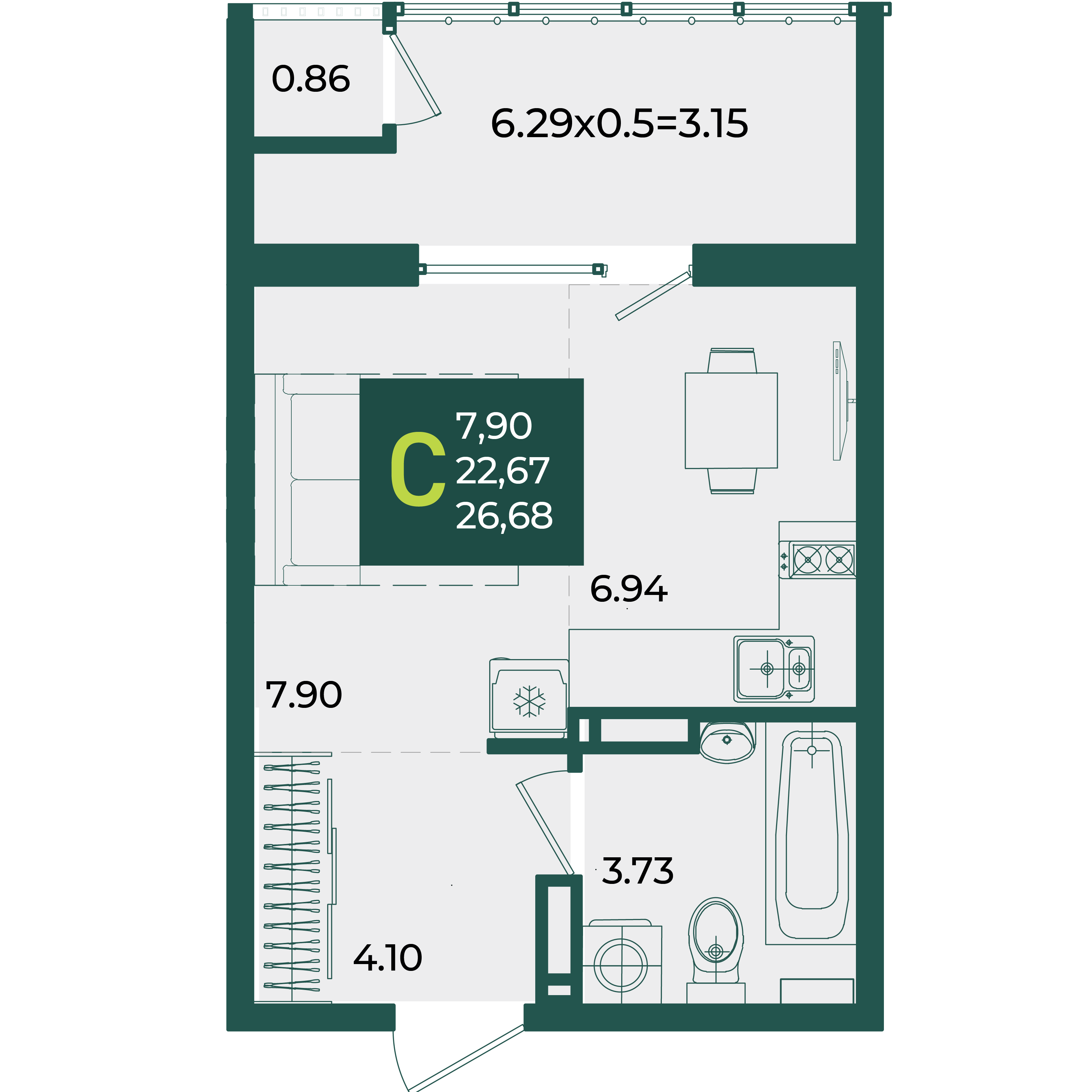 Планировка: Студия 26,7 м²