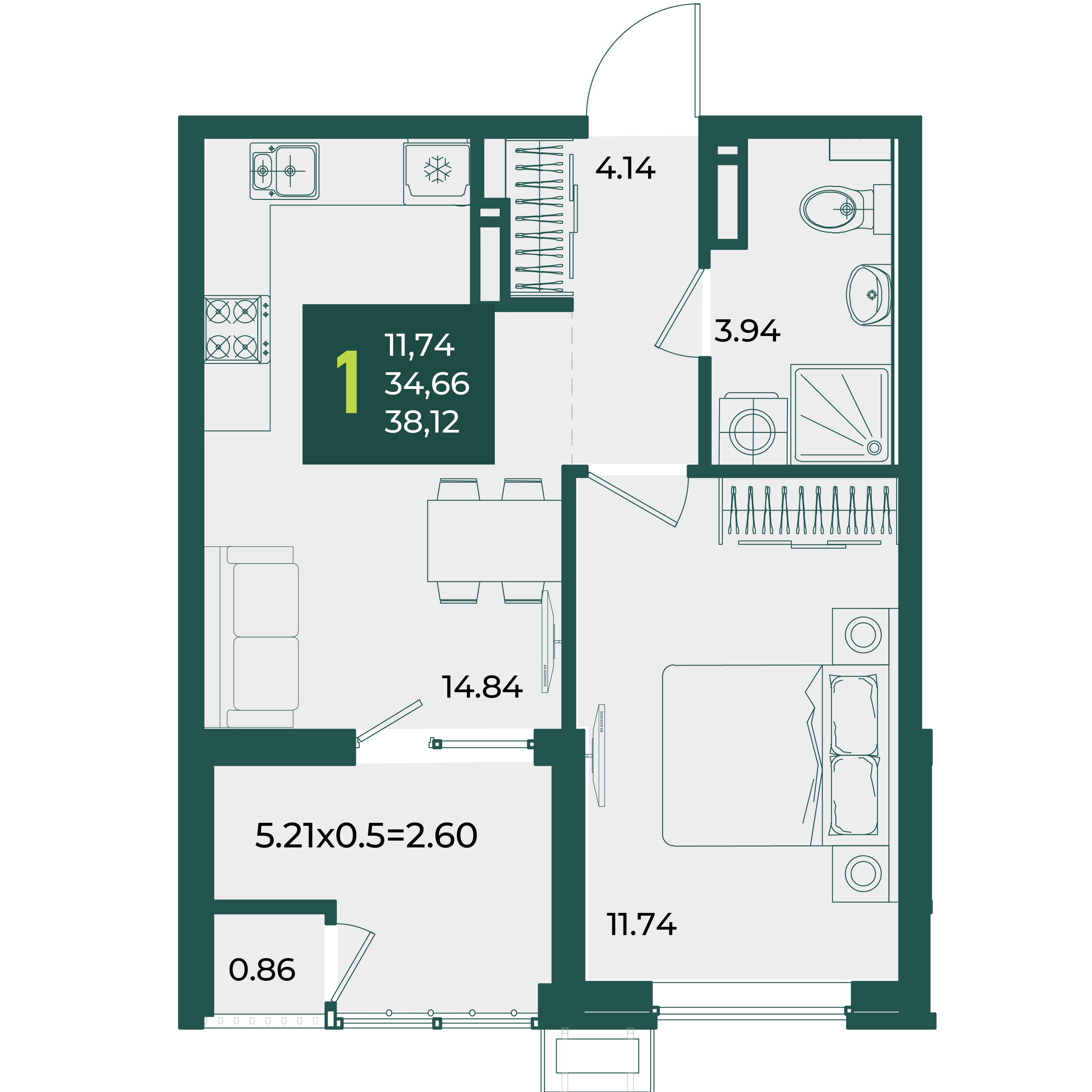 Планировка 1-комнатная 38,12 м²