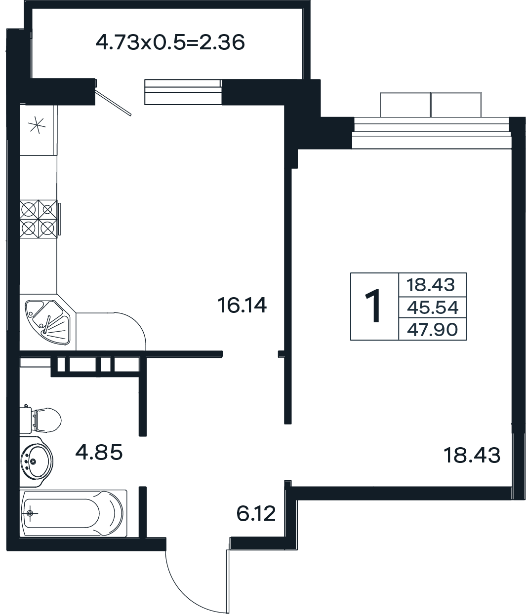Планировка: 1-комн. квартира 47,9 м²