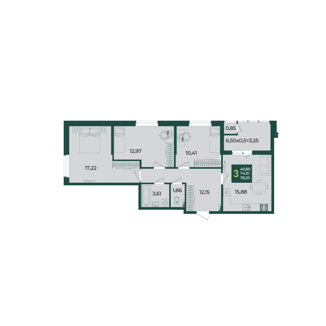 Планировка: 3-комн. квартира 78,2 м²