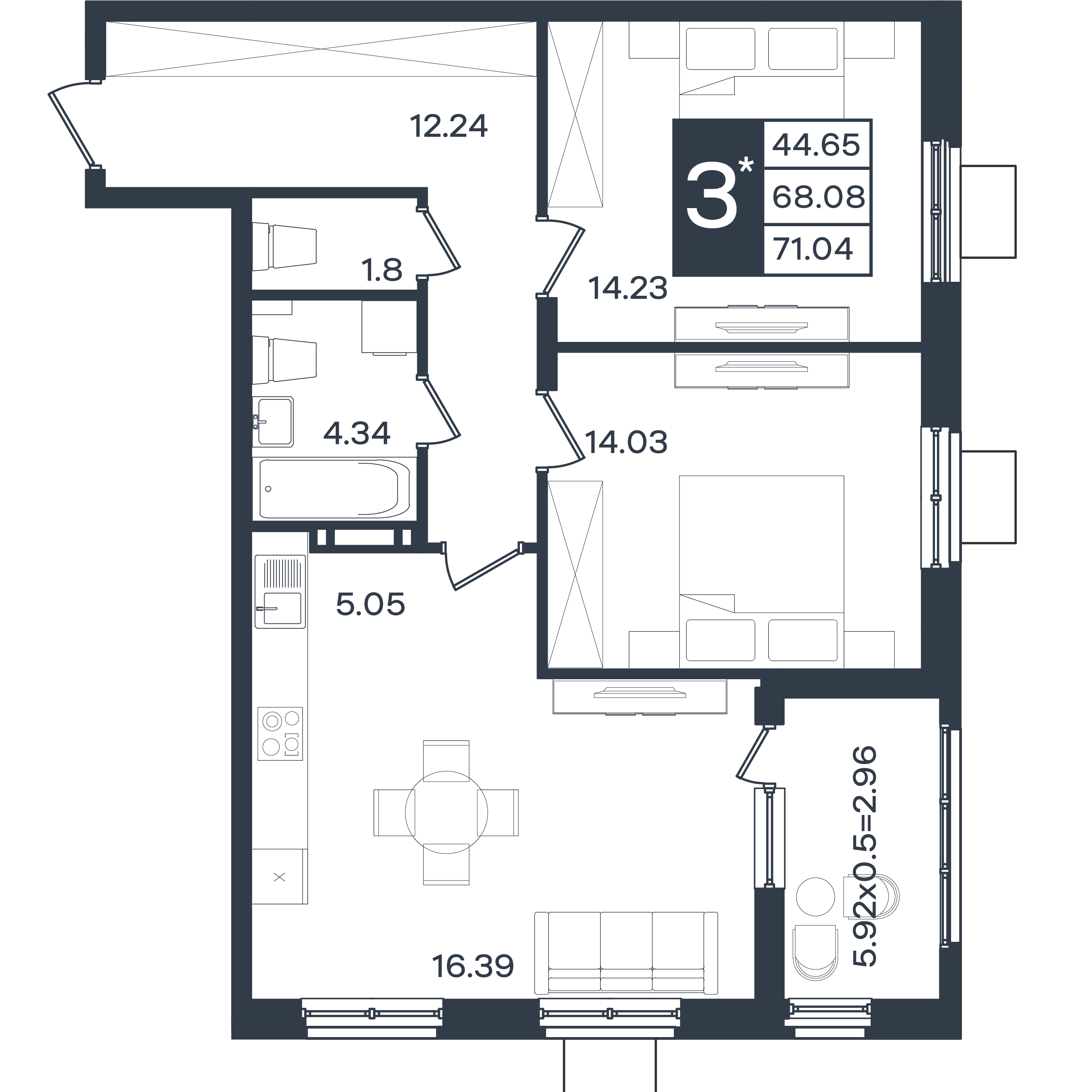 Планировка 3-комнатная 71,04 м²