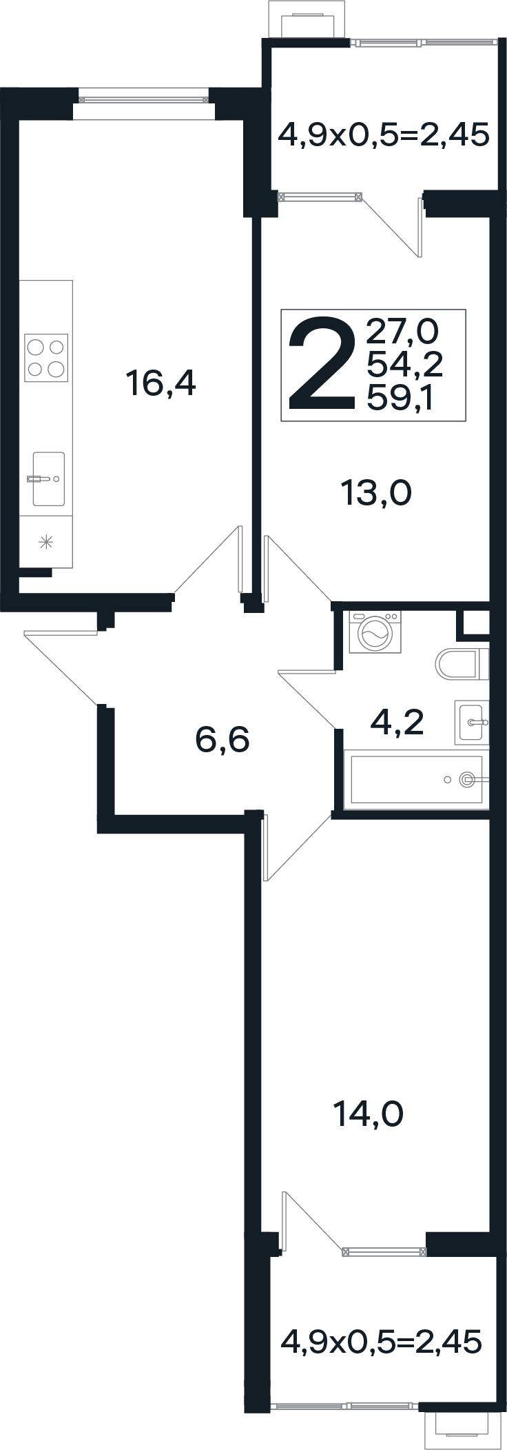 Планировка 2-комнатная 59,1 м²