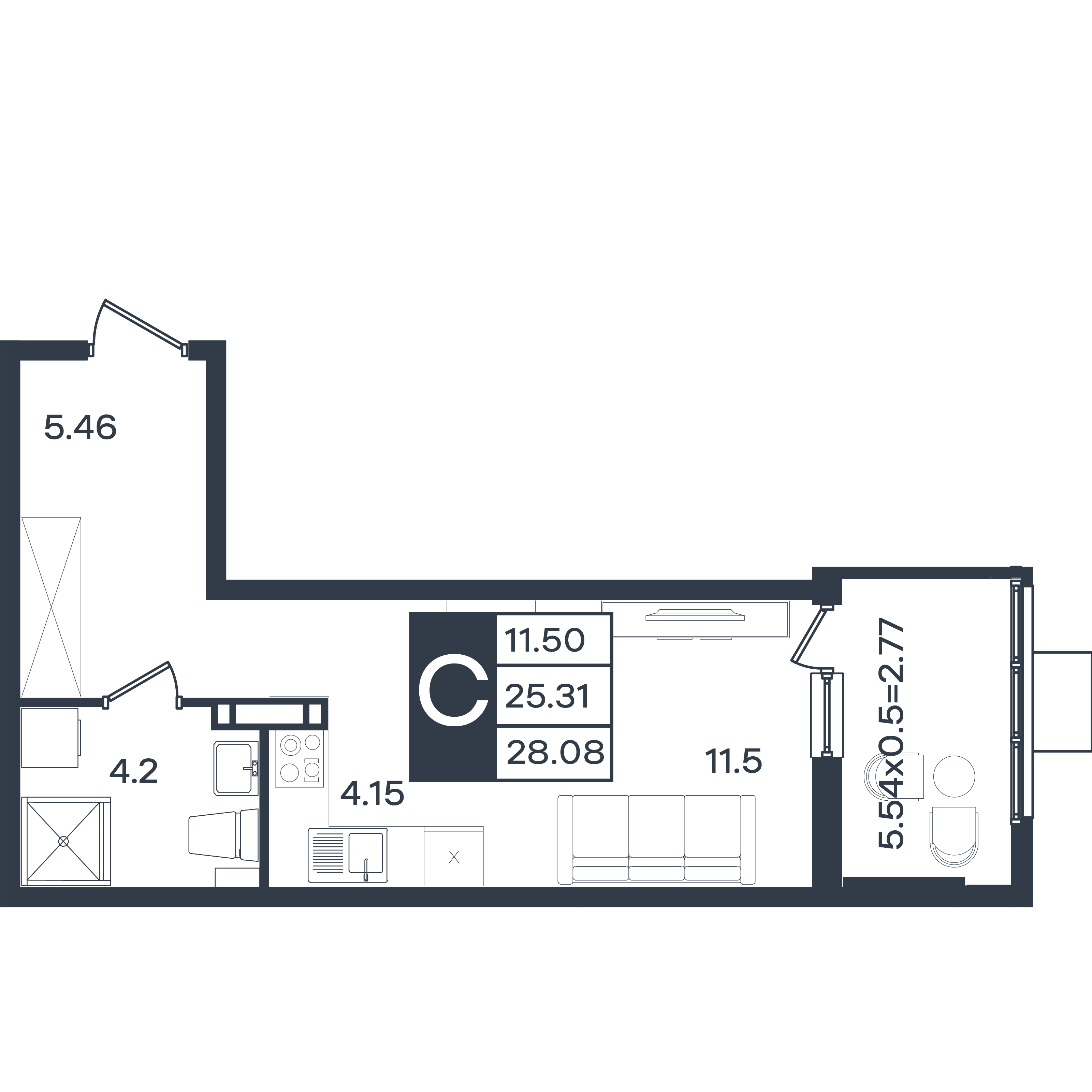 Планировка Студия 28,08 м²