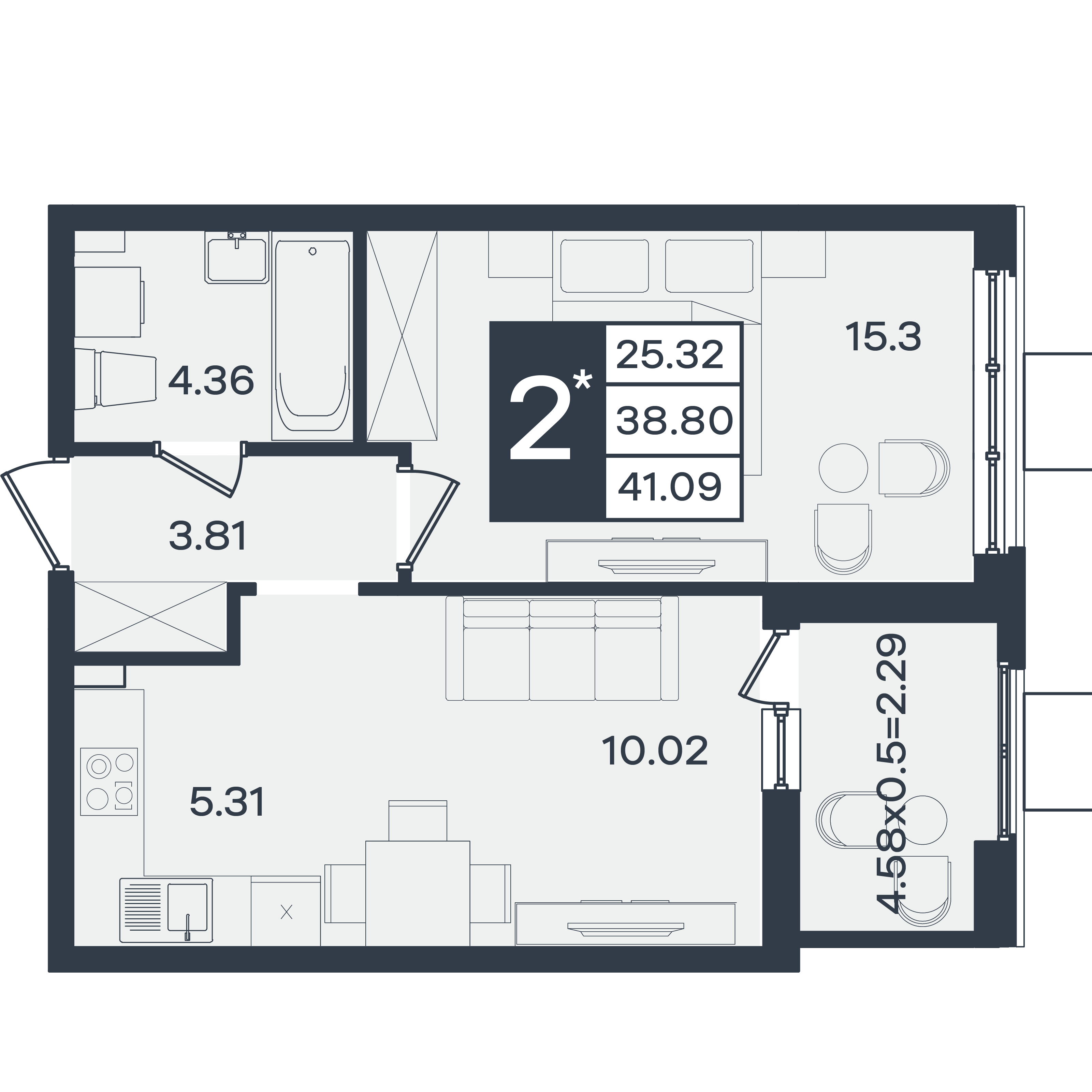 Планировка 2-комнатная 41,09 м²
