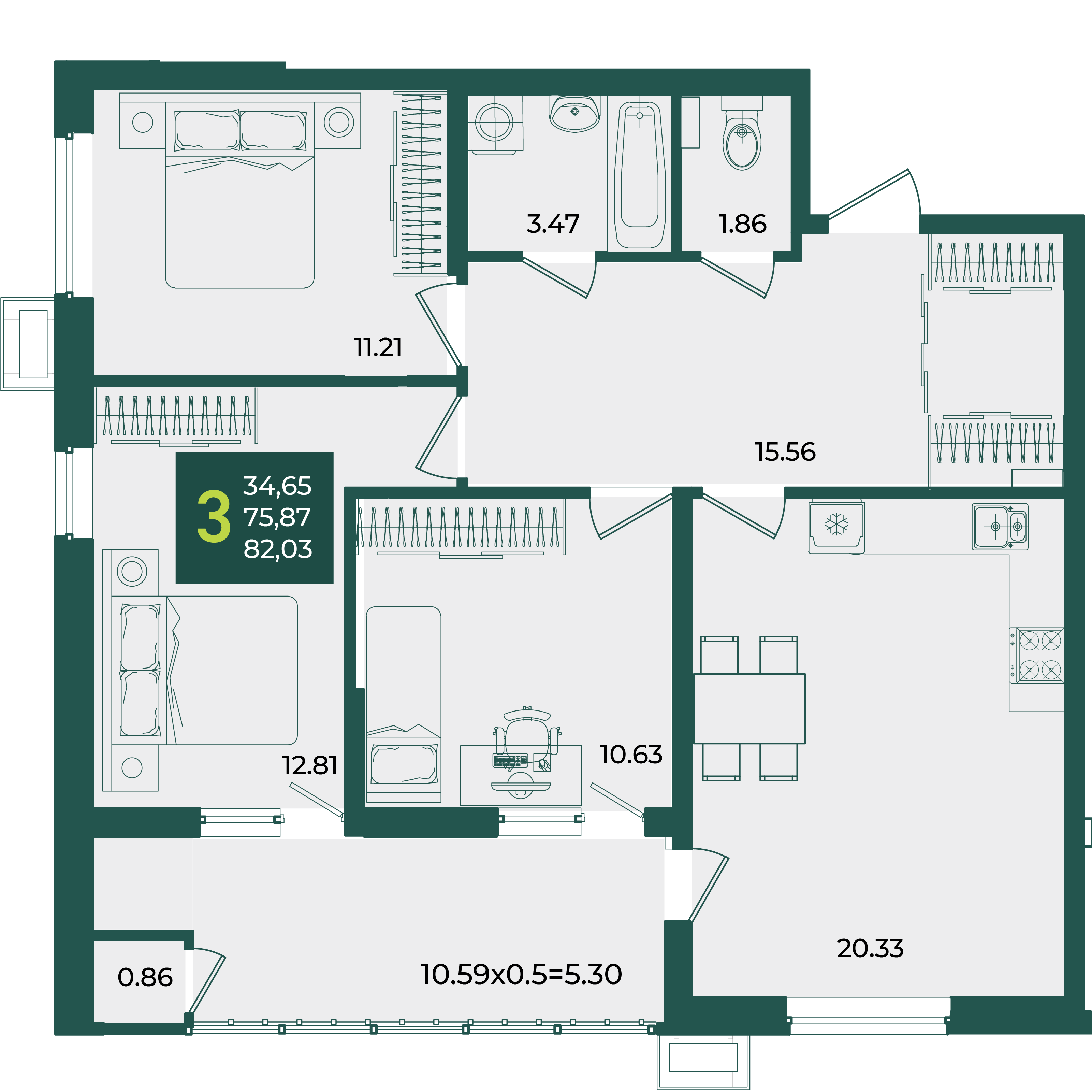 Планировка 3-комнатная 82,03 м²
