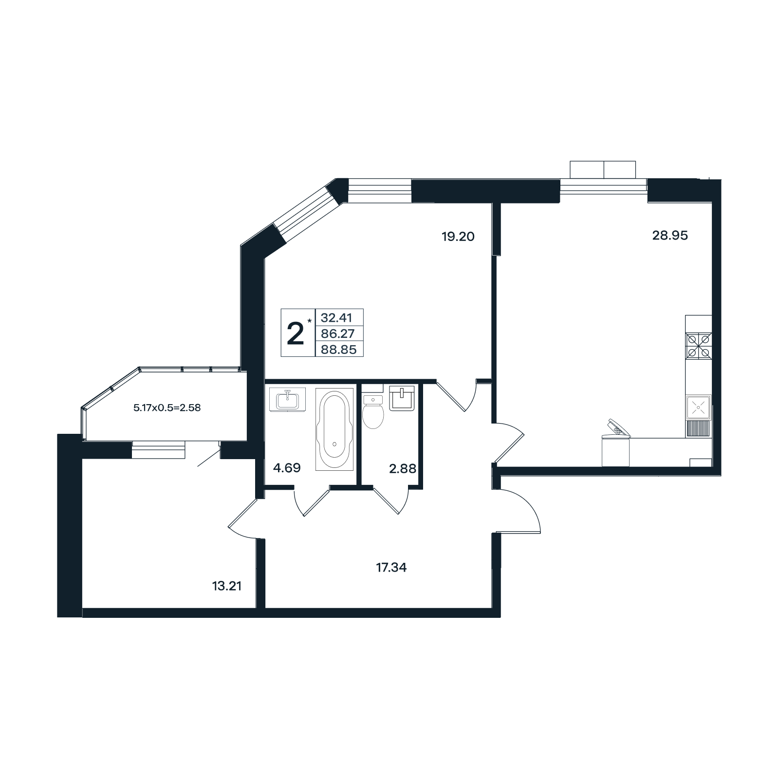 Планировка 2-комнатная 88,85 м²