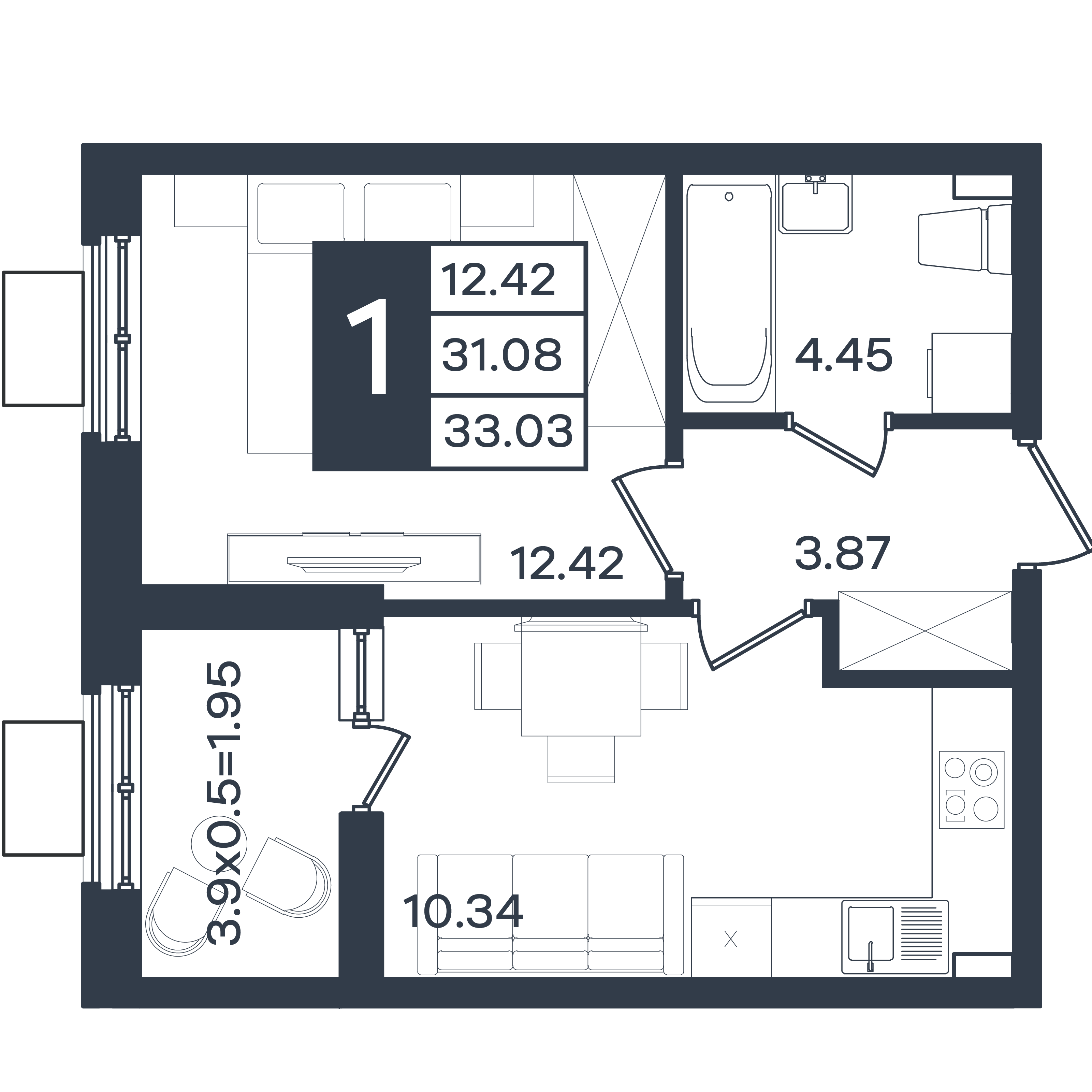 Планировка 1-комнатная 33,03 м²
