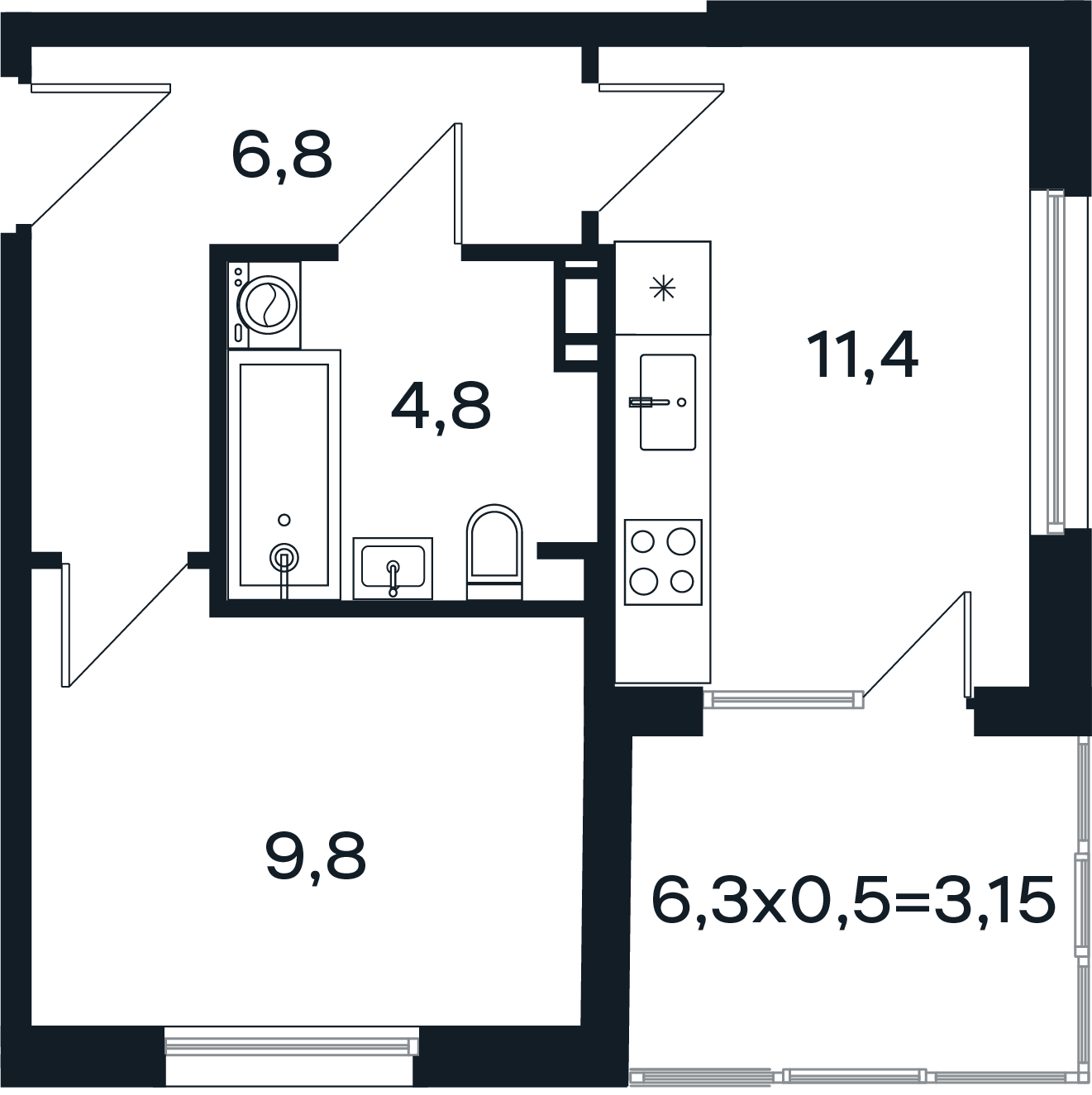 Планировка: 1-комн. квартира 36 м²