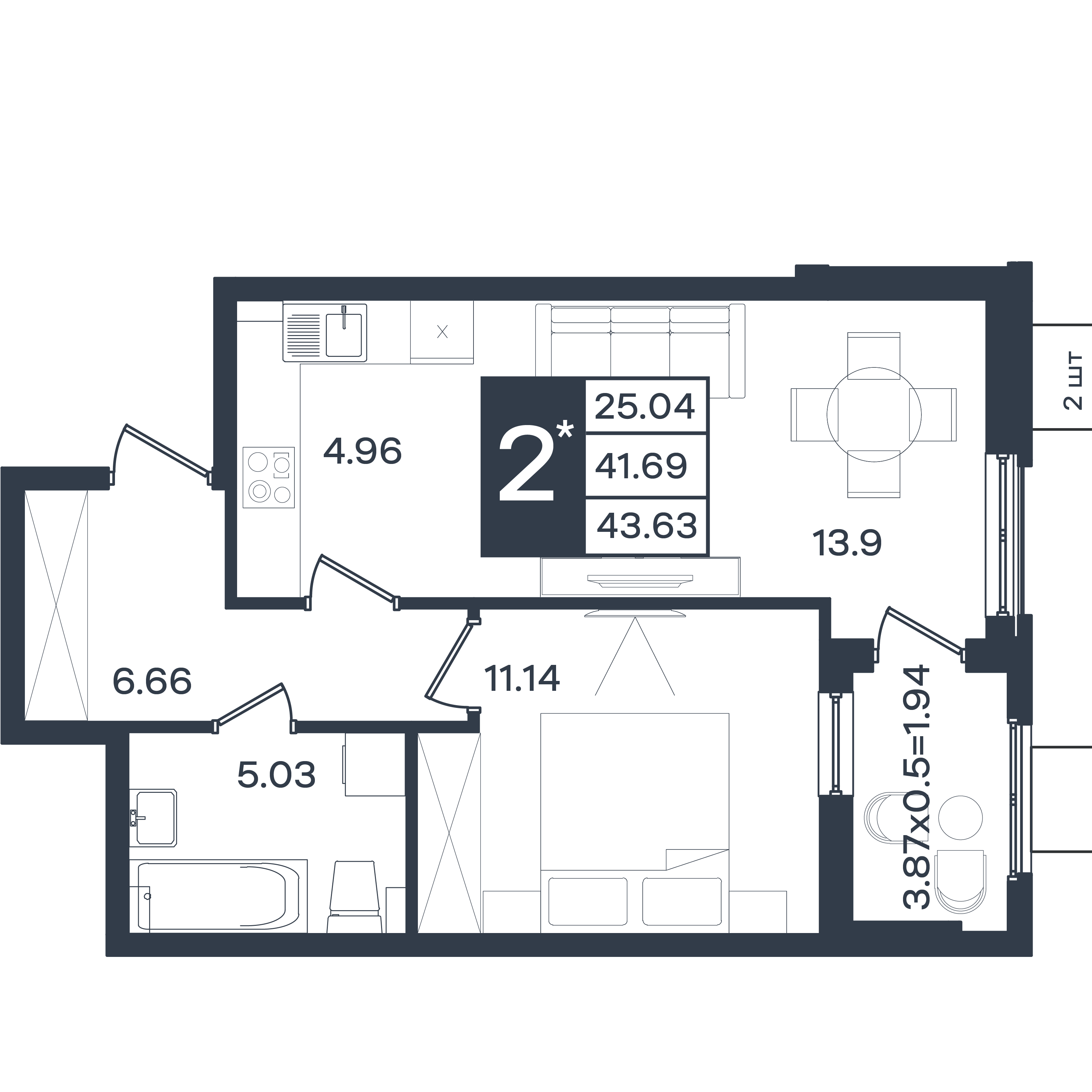 Планировка: 2-комн. квартира 43,6 м²