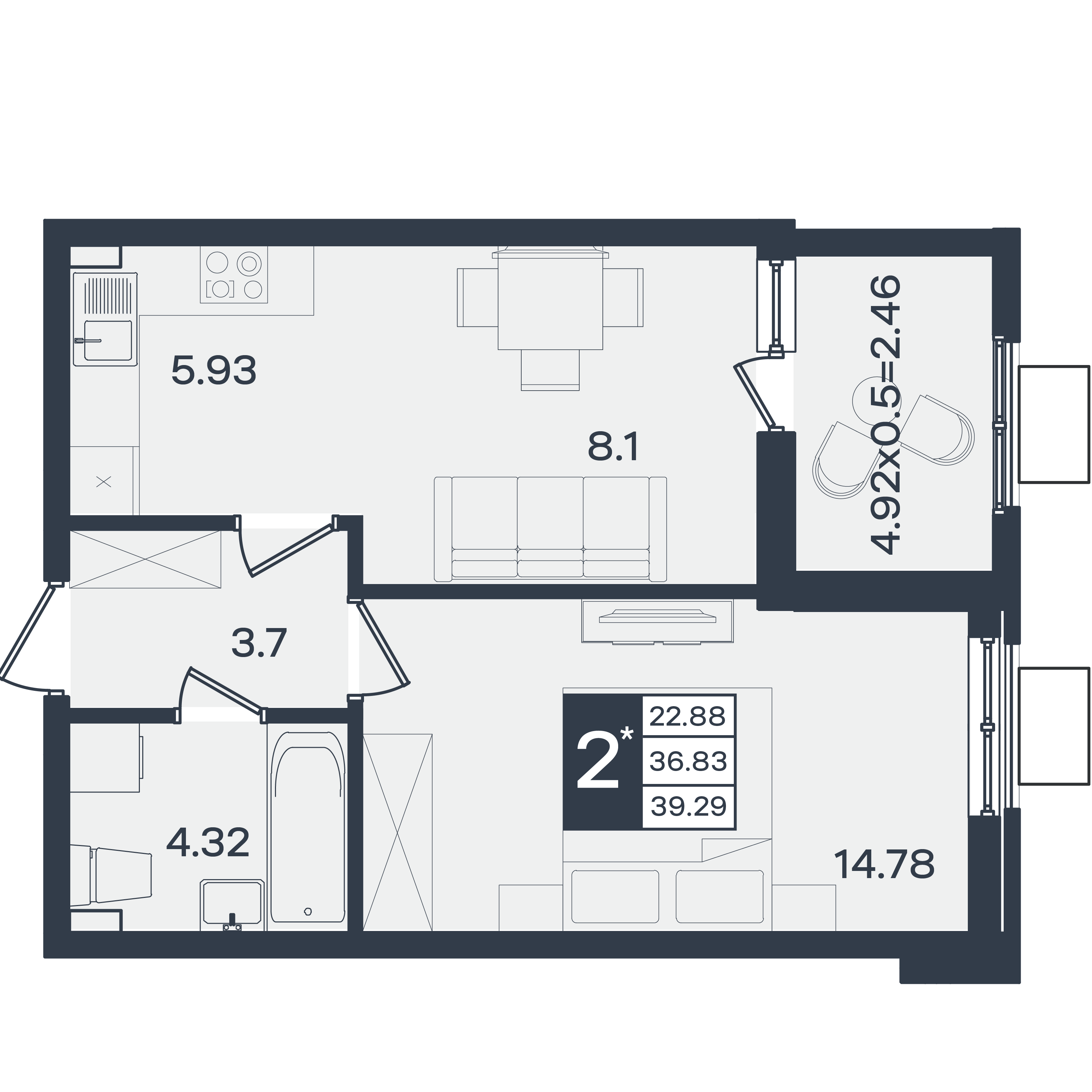 Планировка: 2-комн. квартира 39,3 м²
