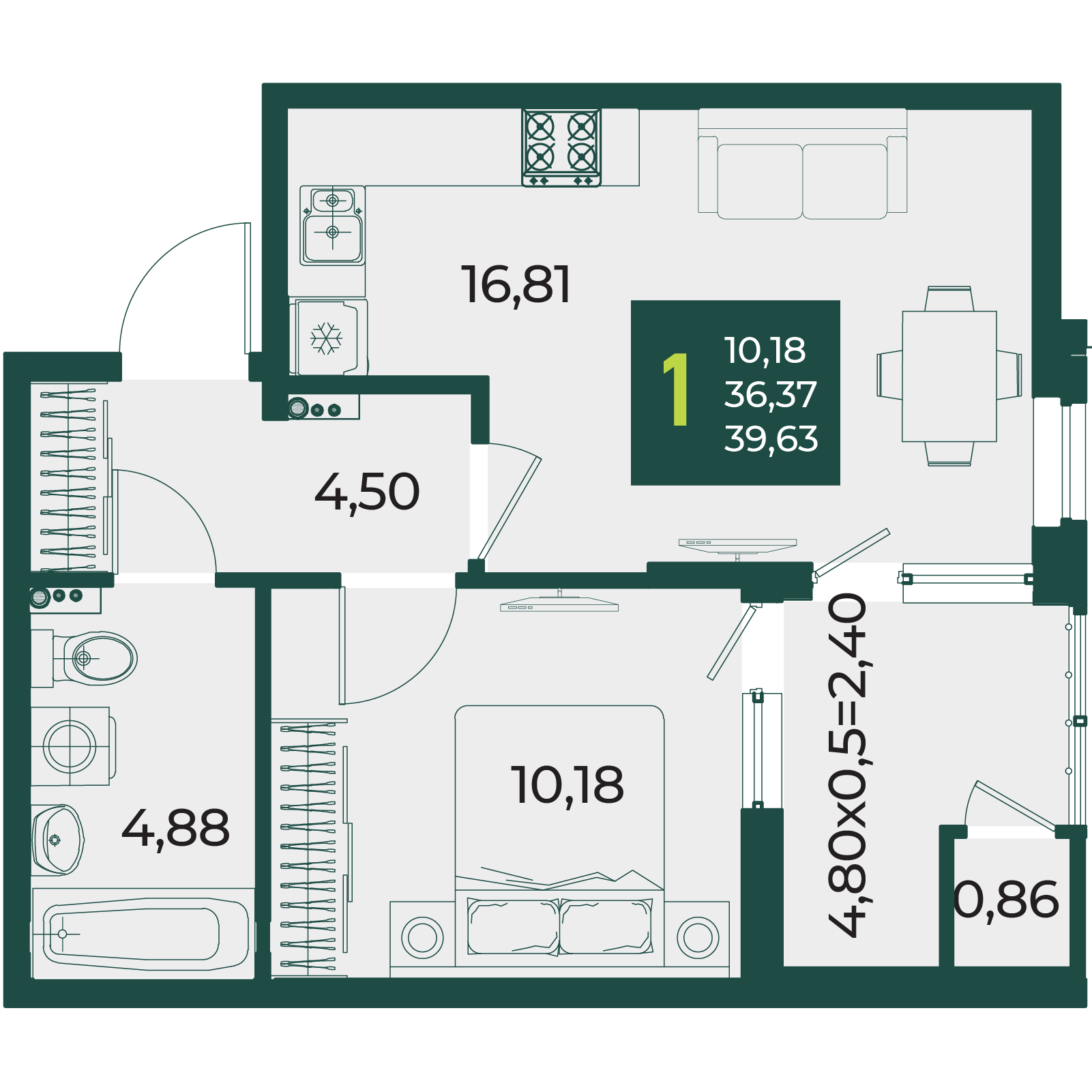 Планировка 1-комнатная 39,63 м²