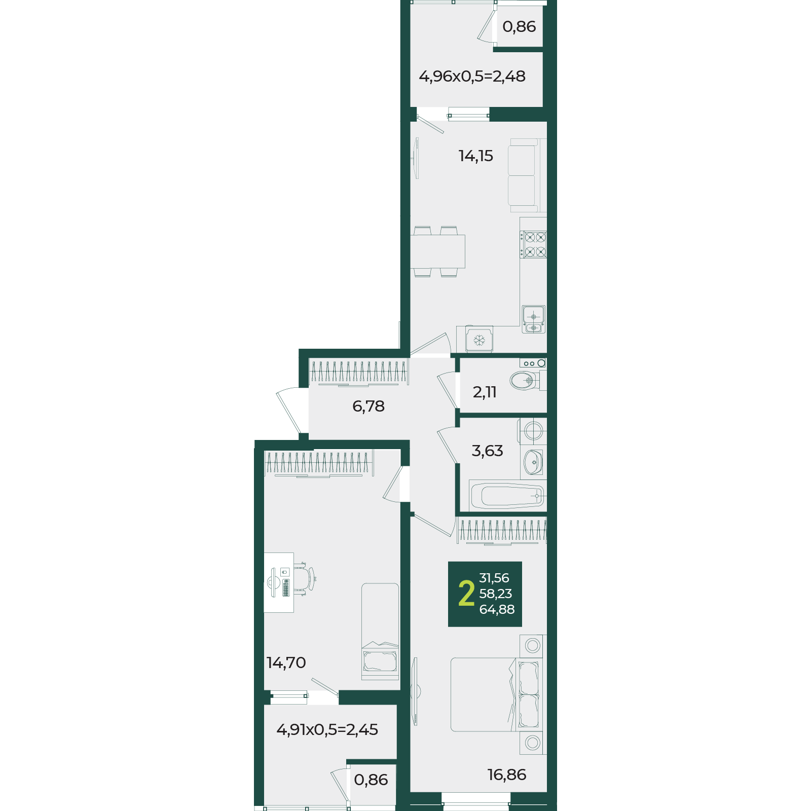Планировка 2-комнатная 64,88 м²