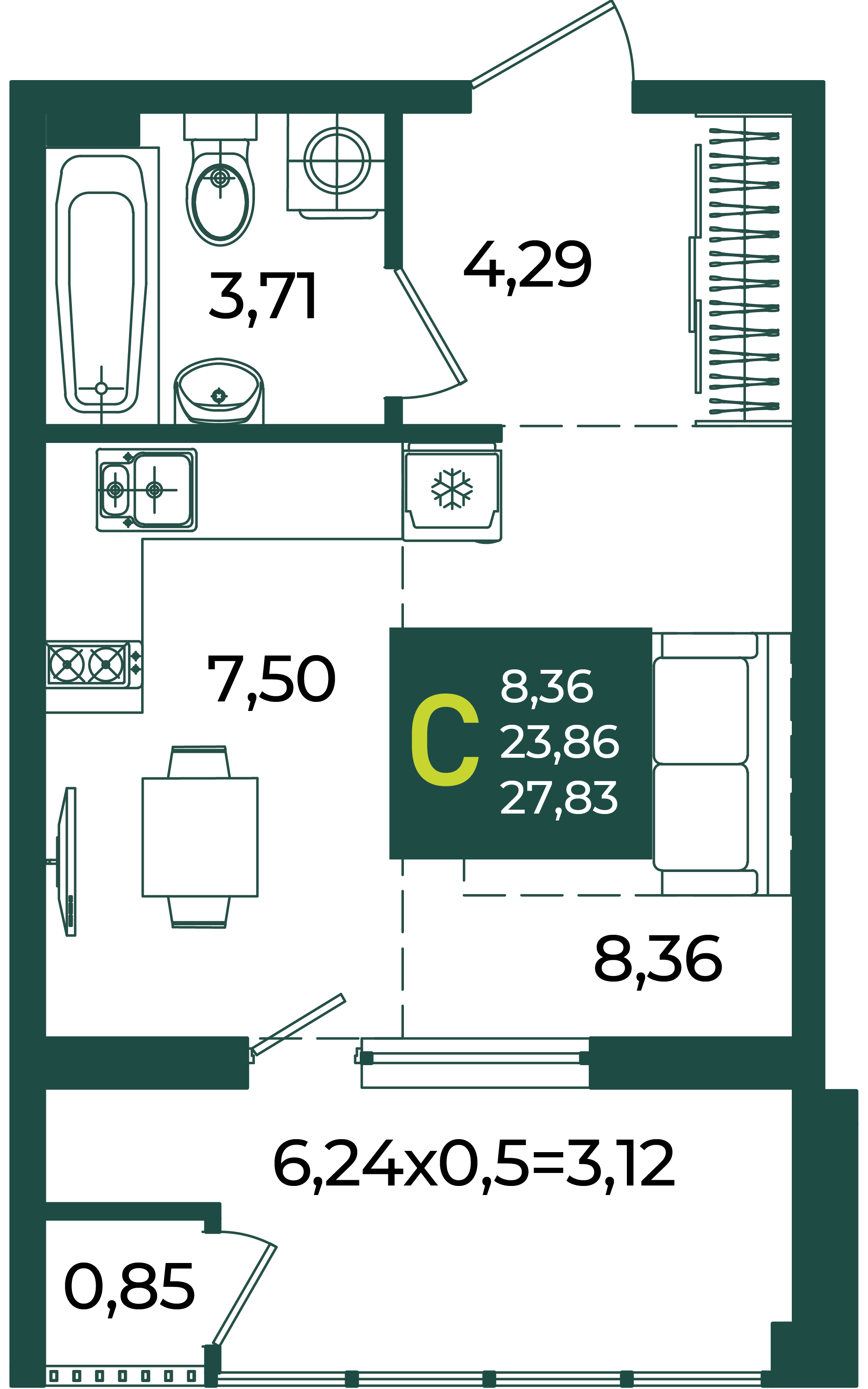 Планировка Студия 27,83 м²