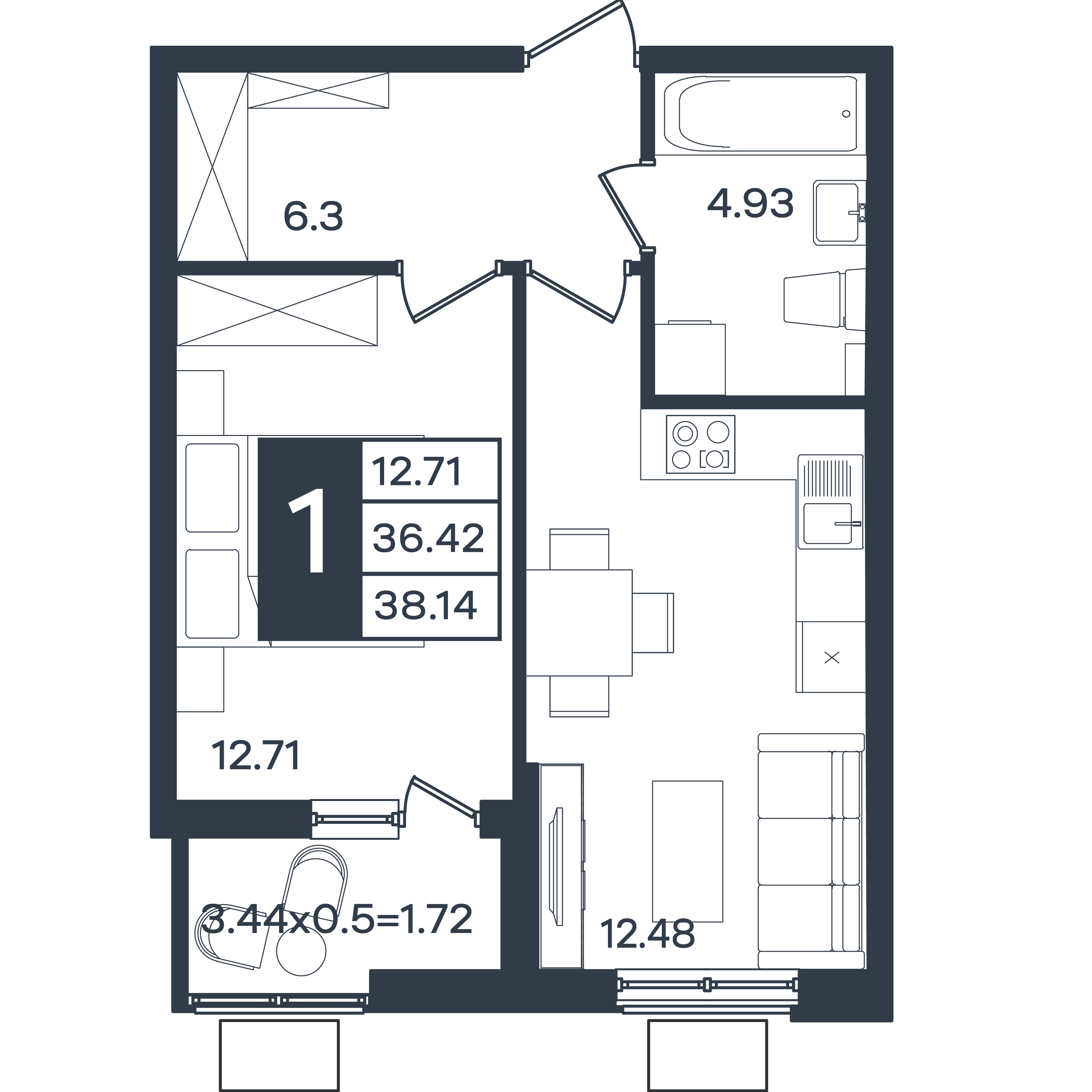 Планировка: 1-комн. квартира 38,1 м²